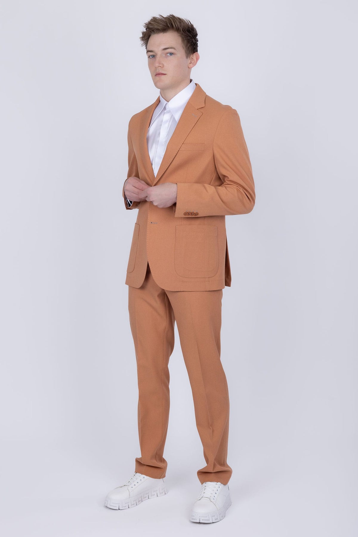 Barabas Men's Matte Geometric Slim Fit Pattern Notch Lapel Suit 5SU43 #Color_Apricot