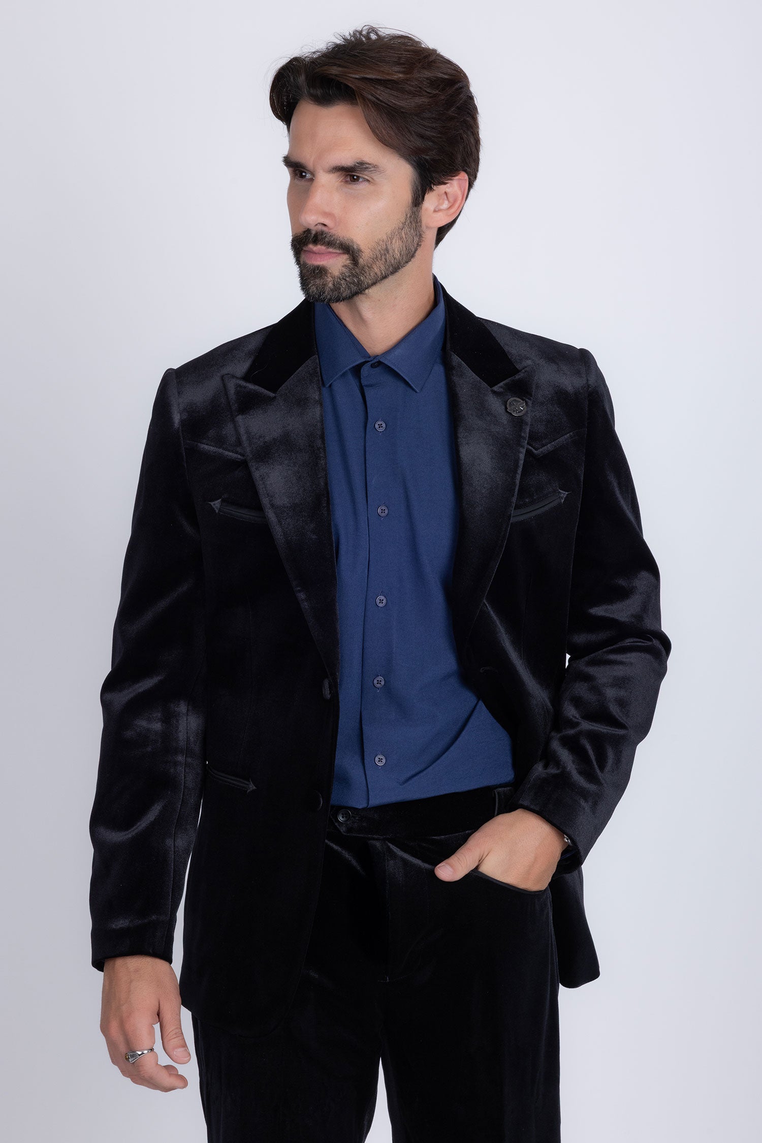 Barabas Men's Velvet Luxury Formal Wear Peak Lapel Suit 5SU51 Black