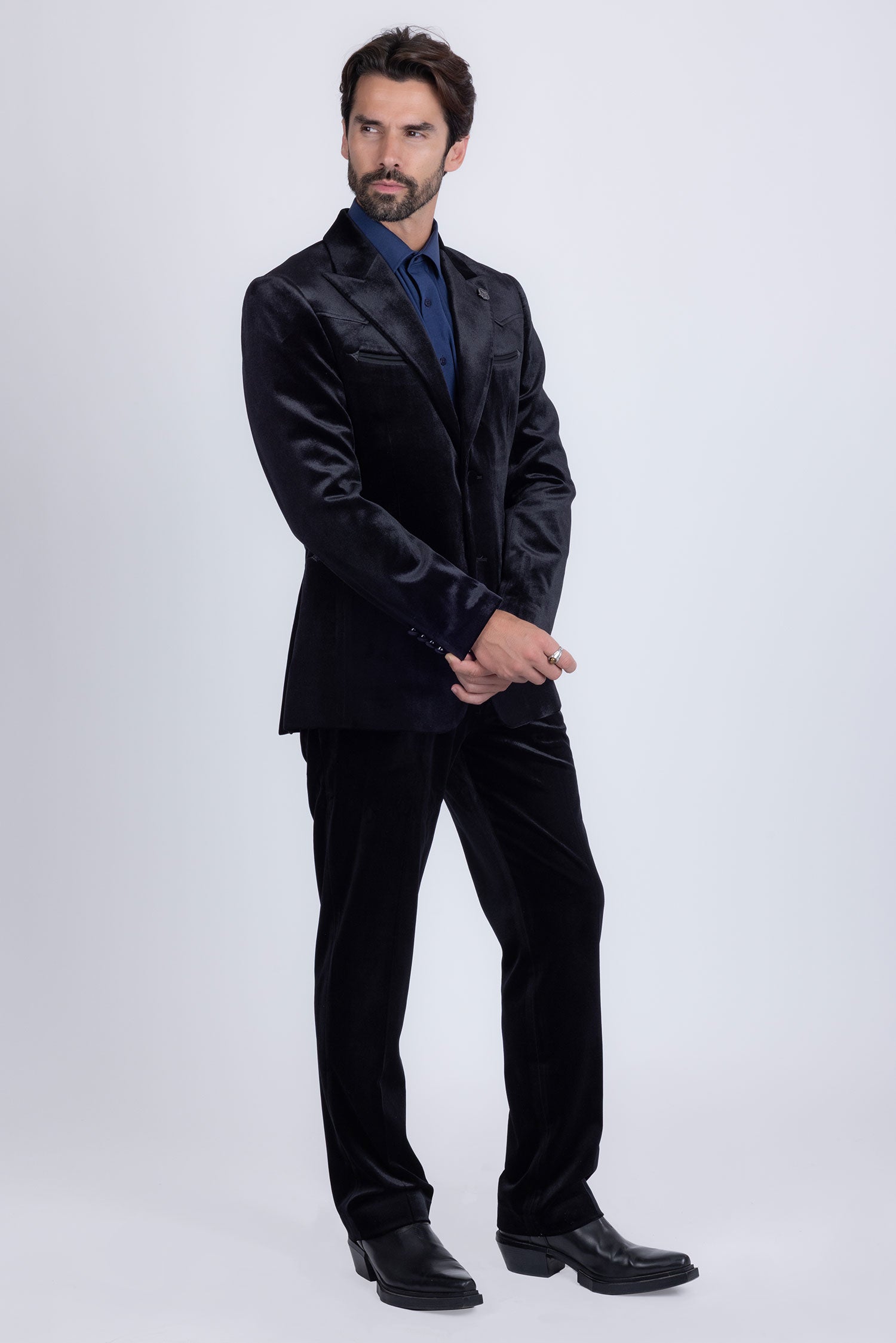 Barabas Men's Velvet Luxury Formal Wear Peak Lapel Suit 5SU51 Charcoal