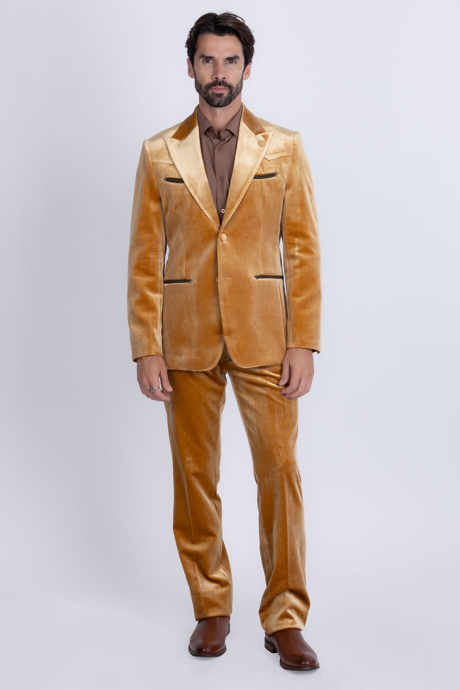 Barabas Men's Velvet Luxury Formal Wear Peak Lapel Suit 5SU51 Gold