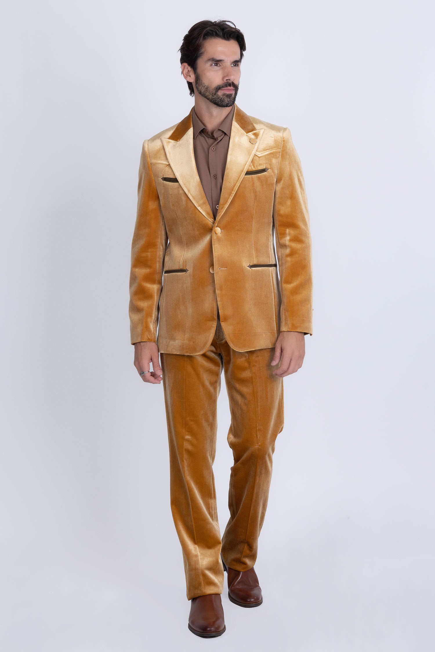 Barabas Men's Velvet Luxury Formal Wear Peak Lapel Suit 5SU51 Gold