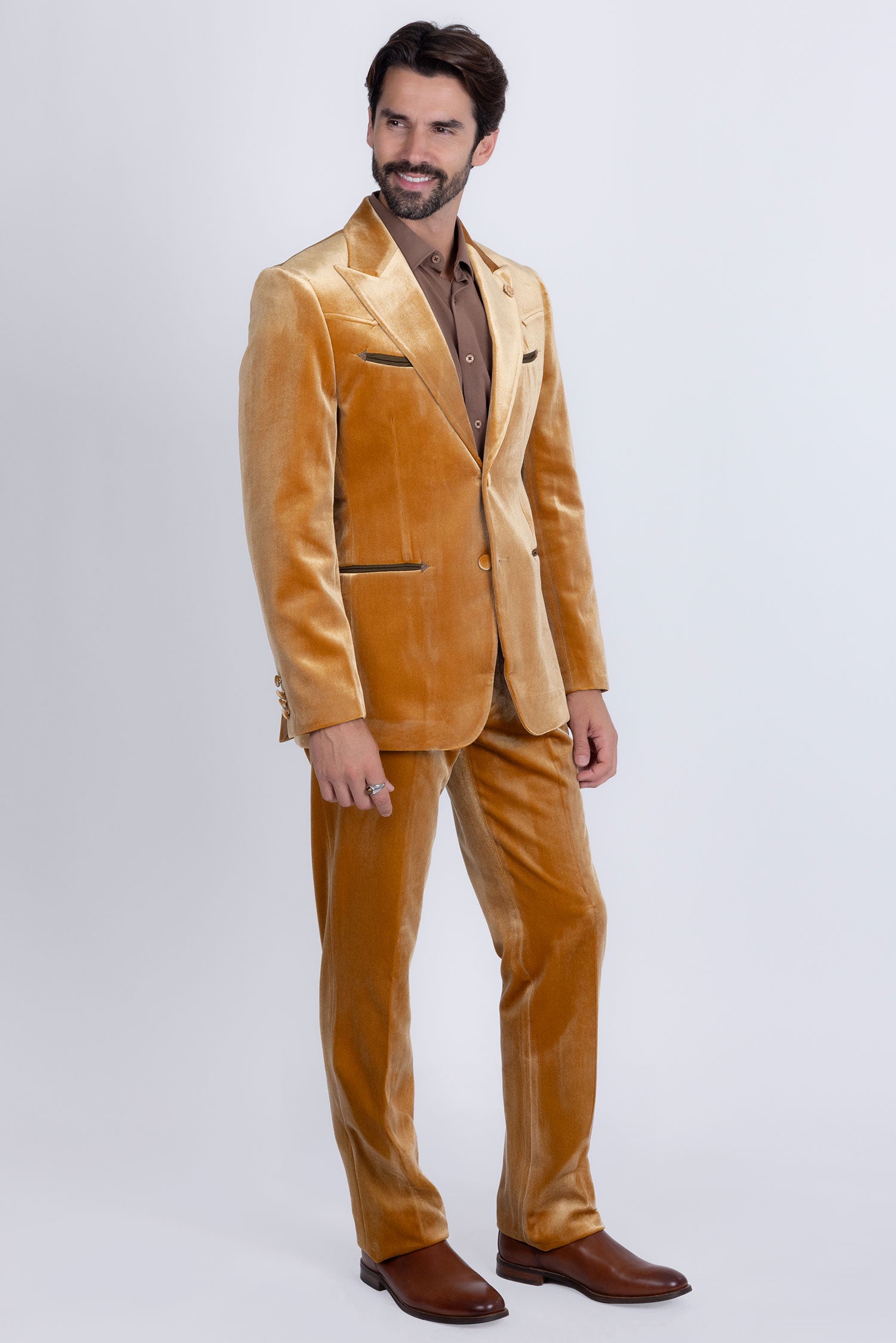 Barabas Men's Velvet Luxury Formal Wear Peak Lapel Suit 5SU51 Mustard