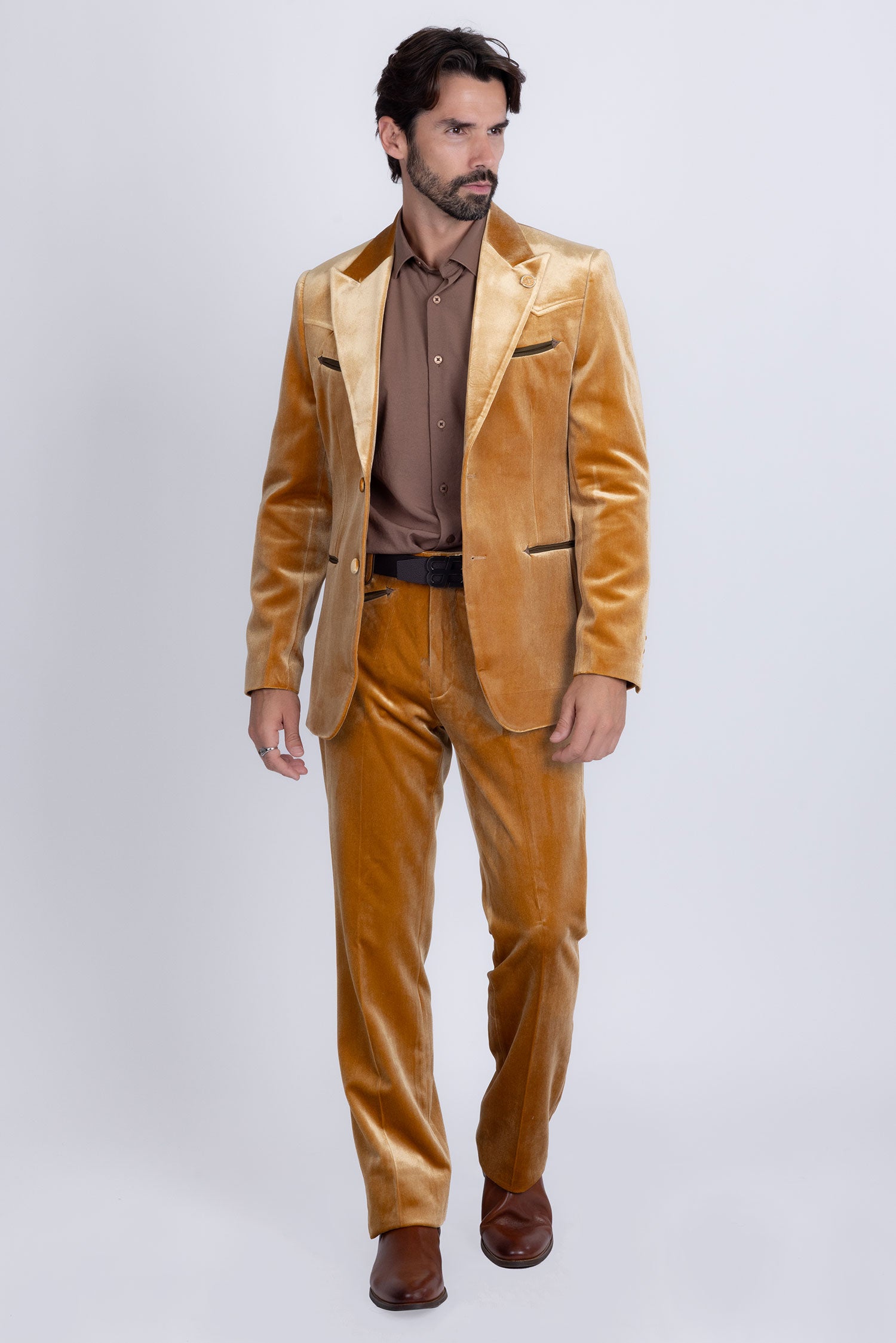 Barabas Men's Velvet Luxury Formal Wear Peak Lapel Suit 5SU51 Mustard