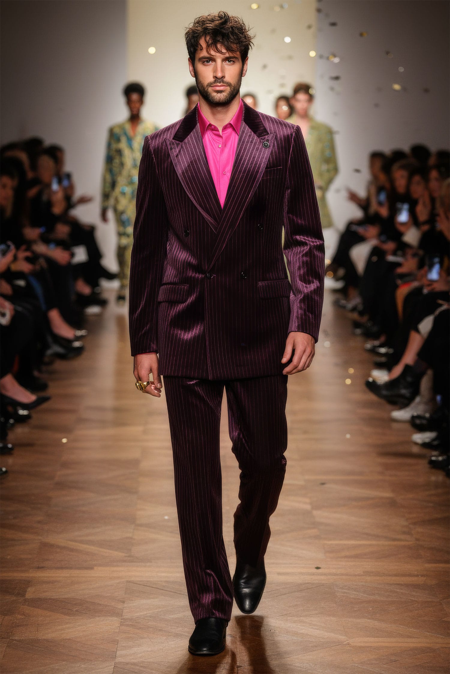 Barabas Men's Striped Double Breast Velvet Peak Lapel Suit 5SU52 wine