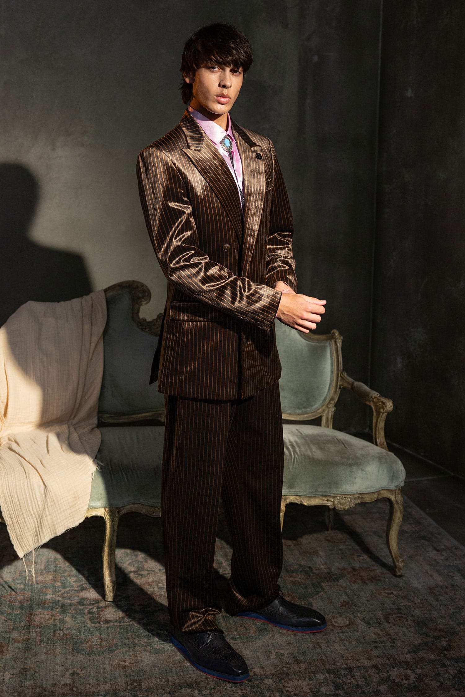 Barabas Men's Striped Double Breast Velvet Peak Lapel Suit 5SU52 Coffee