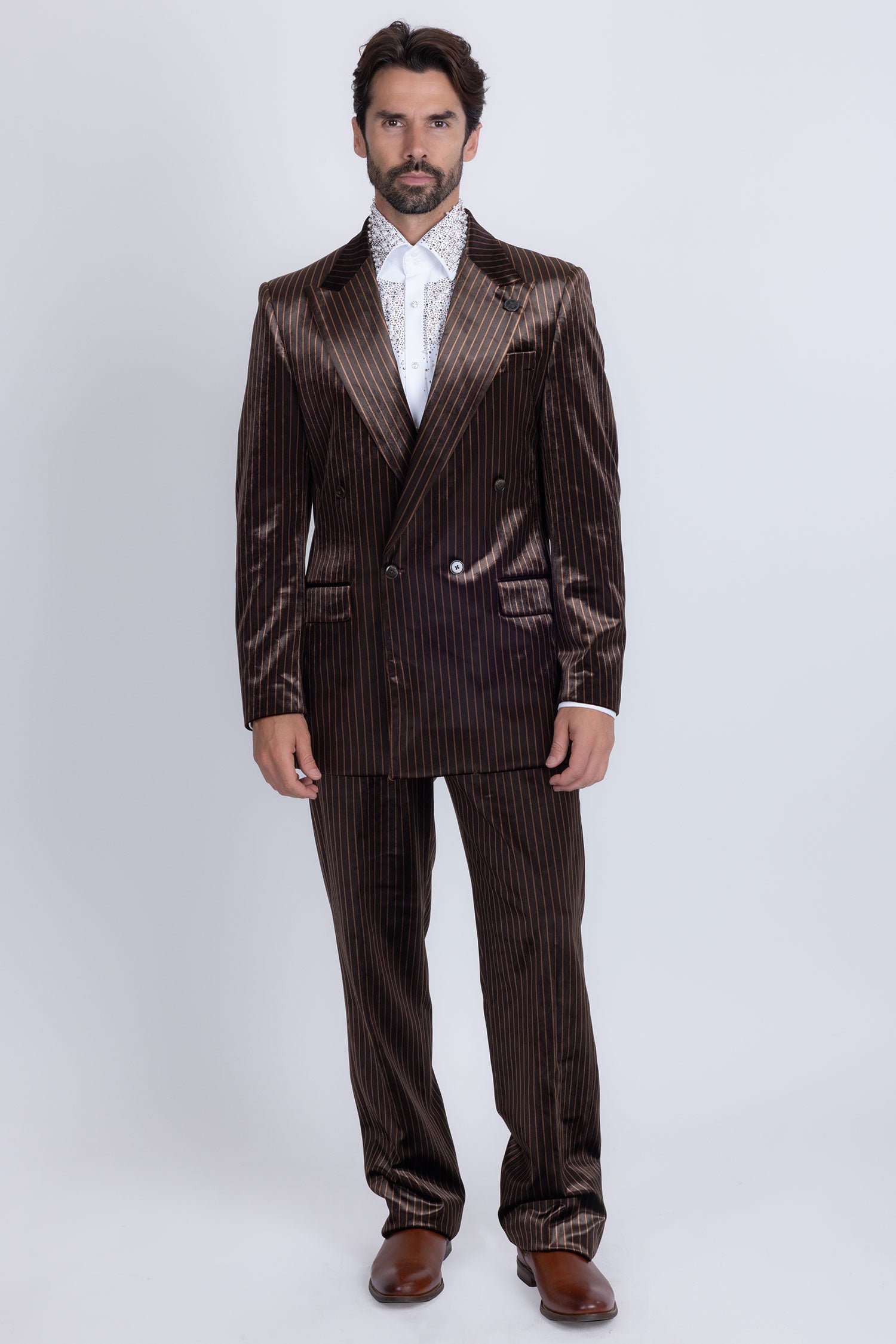 Barabas Men's Striped Double Breast Velvet Peak Lapel Suit 5SU52 Brown