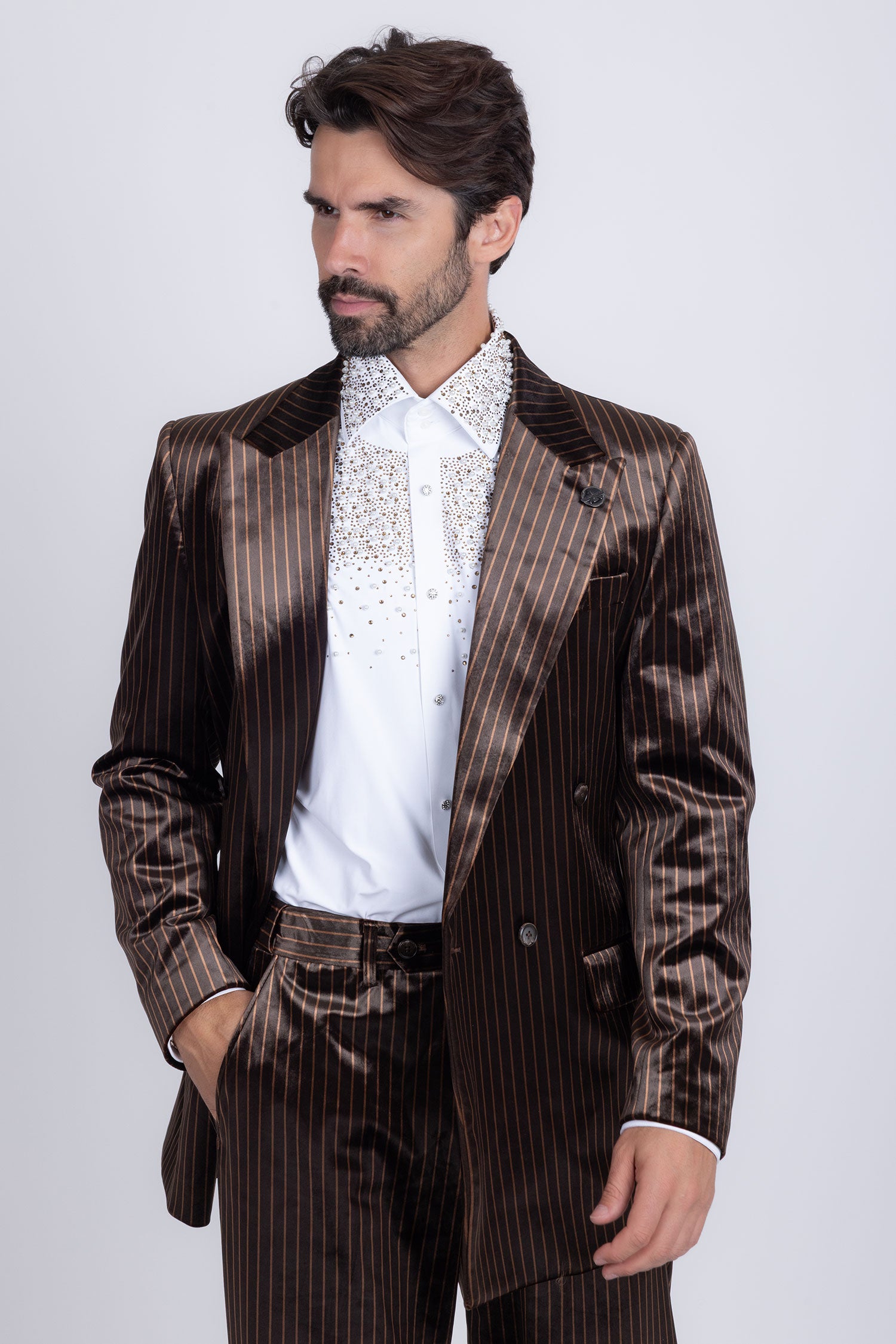 Barabas Men's Striped Double Breast Velvet Peak Lapel Suit 5SU52 Coffee