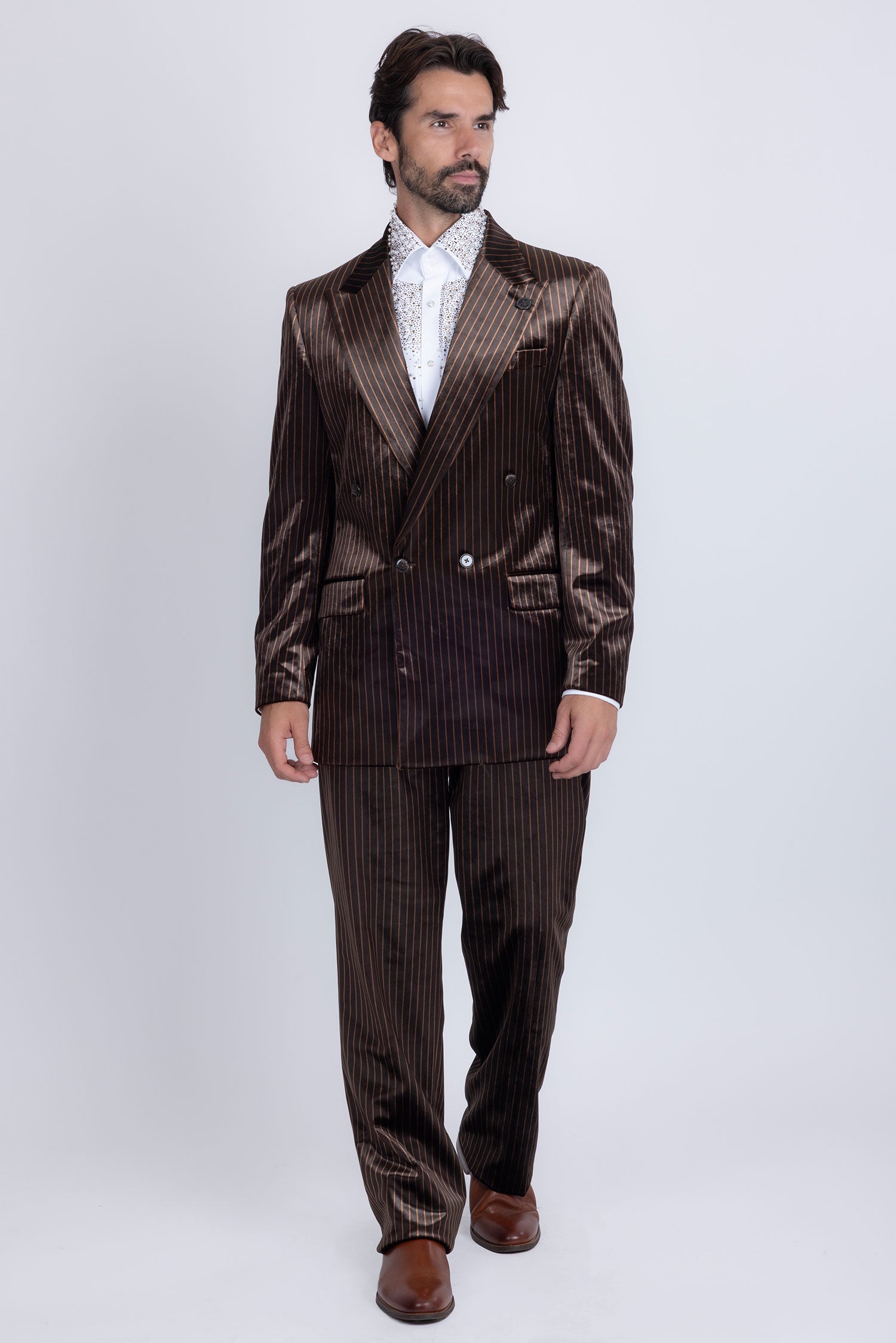 Barabas Men's Striped Double Breast Velvet Peak Lapel Suit 5SU52 Coffee