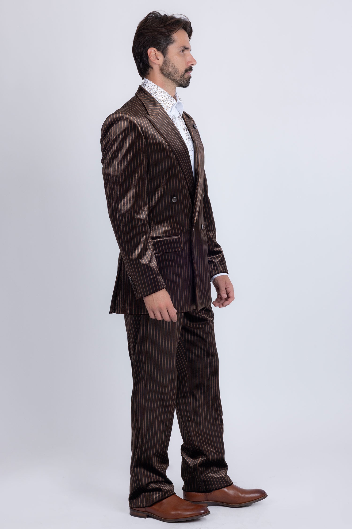 Barabas Men's Striped Double Breast Velvet Peak Lapel Suit 5SU52 Brown