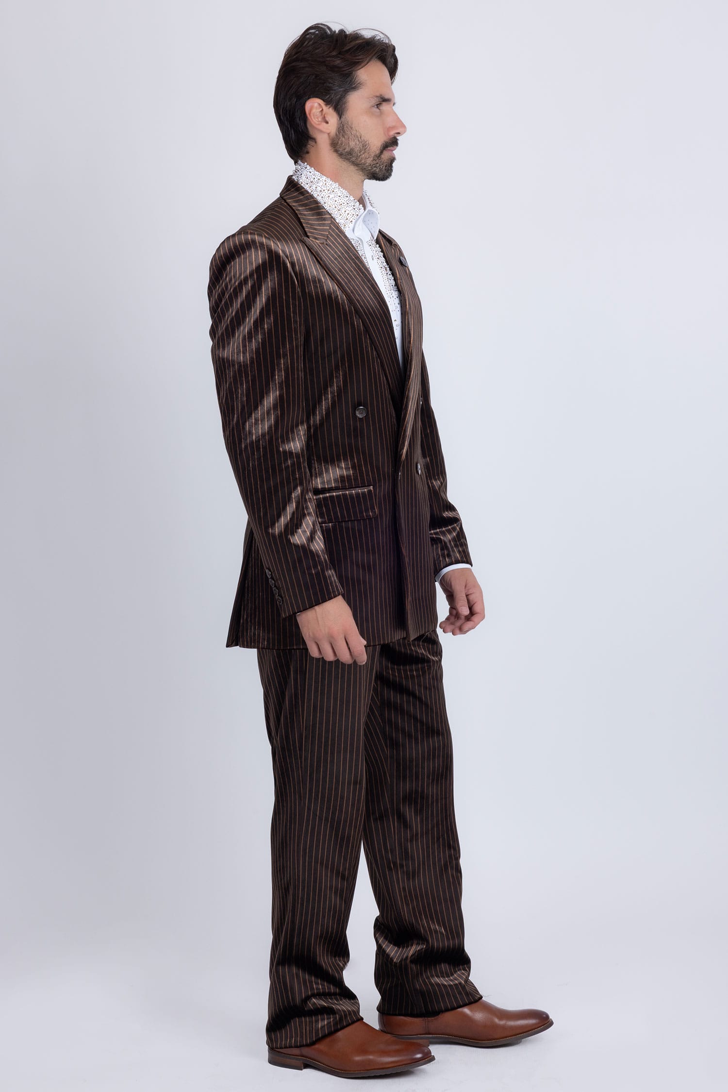 Barabas Men's Striped Double Breast Velvet Peak Lapel Suit 5SU52 Brown