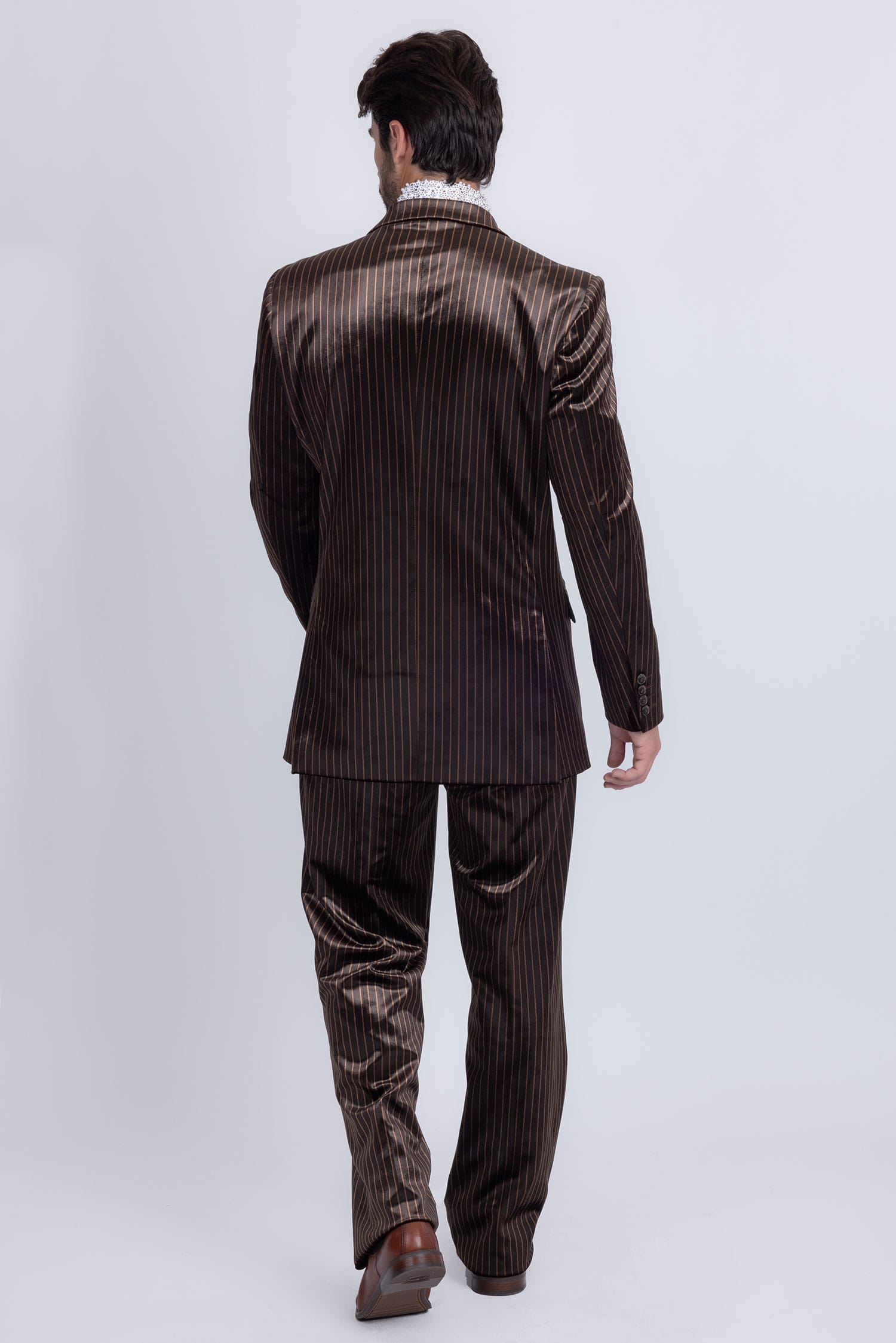 Barabas Men's Striped Double Breast Velvet Peak Lapel Suit 5SU52 Coffee