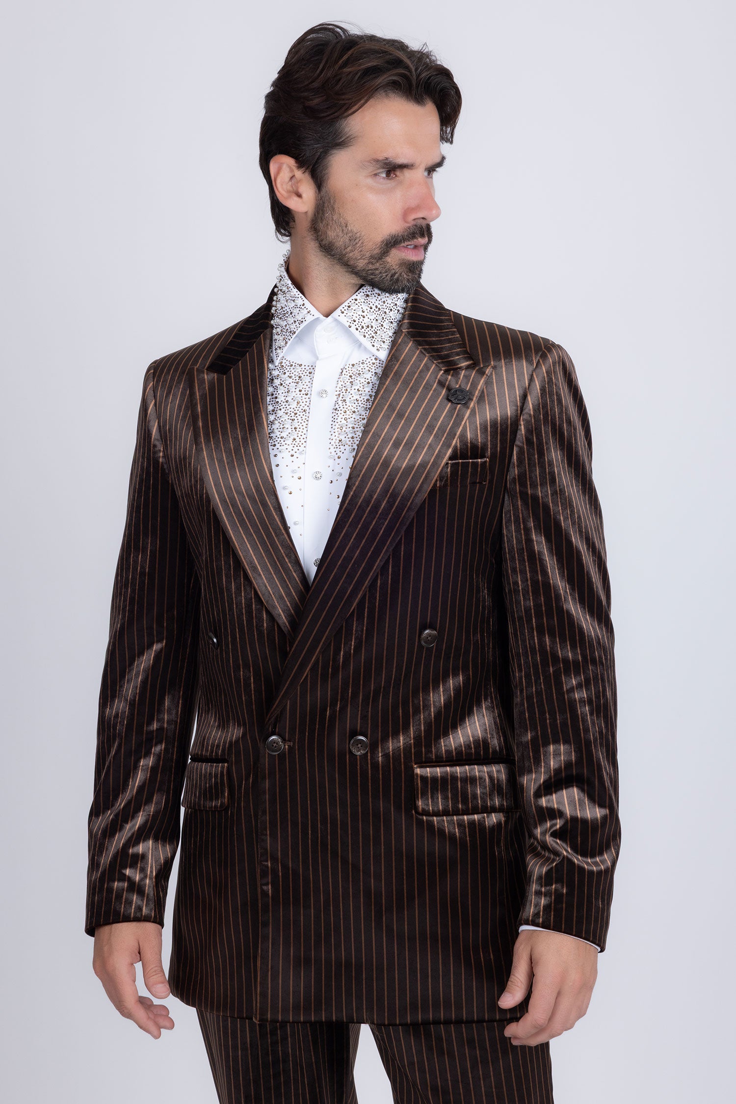 Barabas Men's Striped Double Breast Velvet Peak Lapel Suit 5SU52 Brown