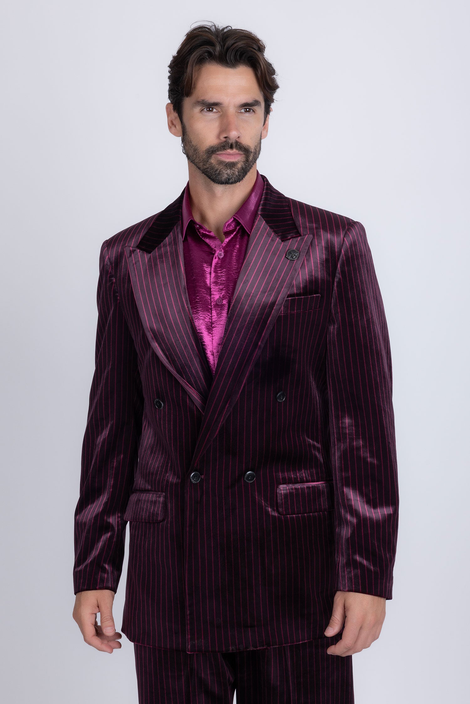 Barabas Men's Striped Double Breast Velvet Peak Lapel Suit 5SU52 wine