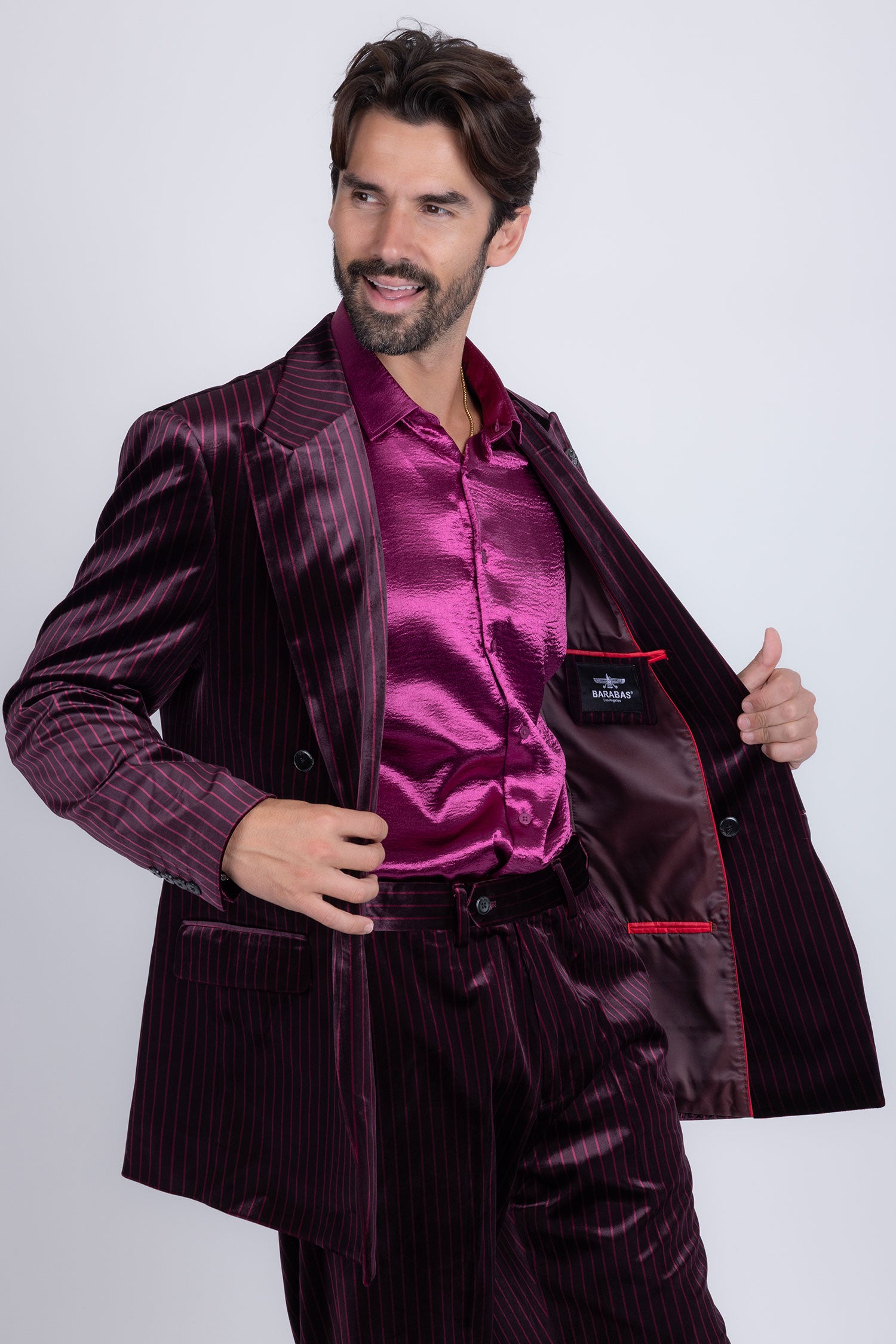 Barabas Men's Striped Double Breast Velvet Peak Lapel Suit 5SU52 Red