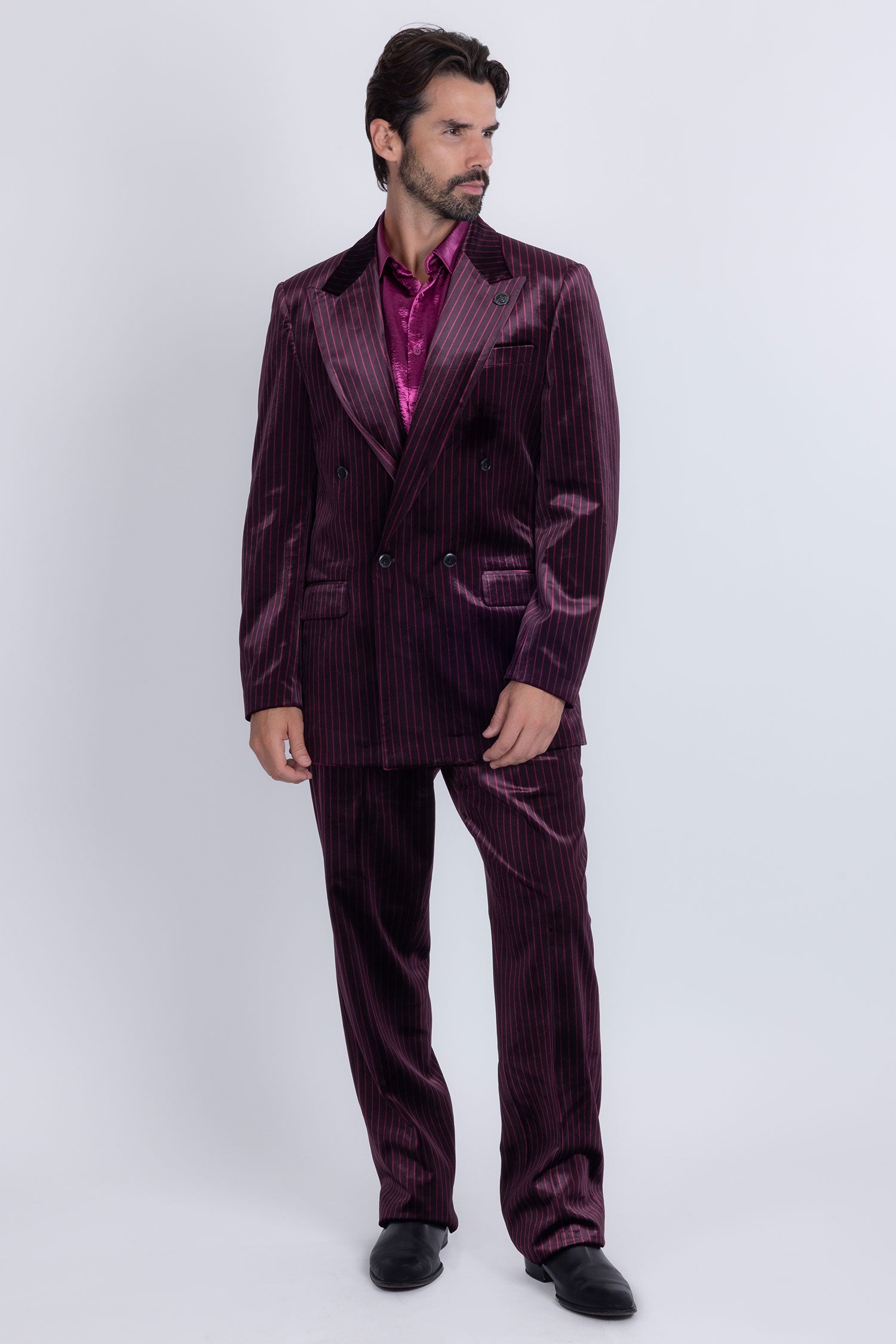 Barabas Men's Striped Double Breast Velvet Peak Lapel Suit 5SU52 wine