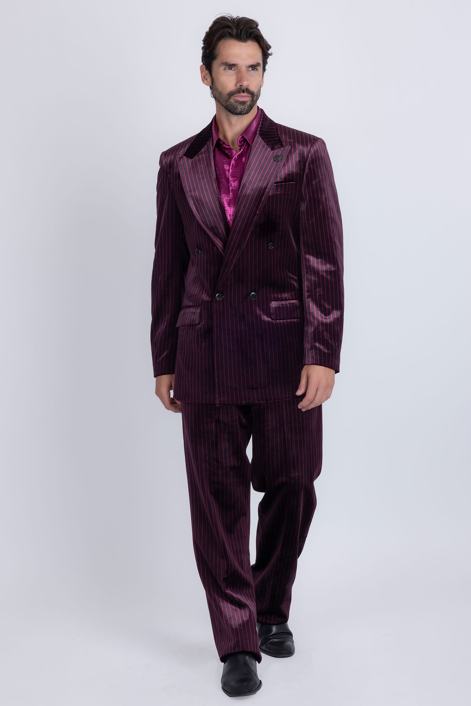 Barabas Men's Striped Double Breast Velvet Peak Lapel Suit 5SU52 wine