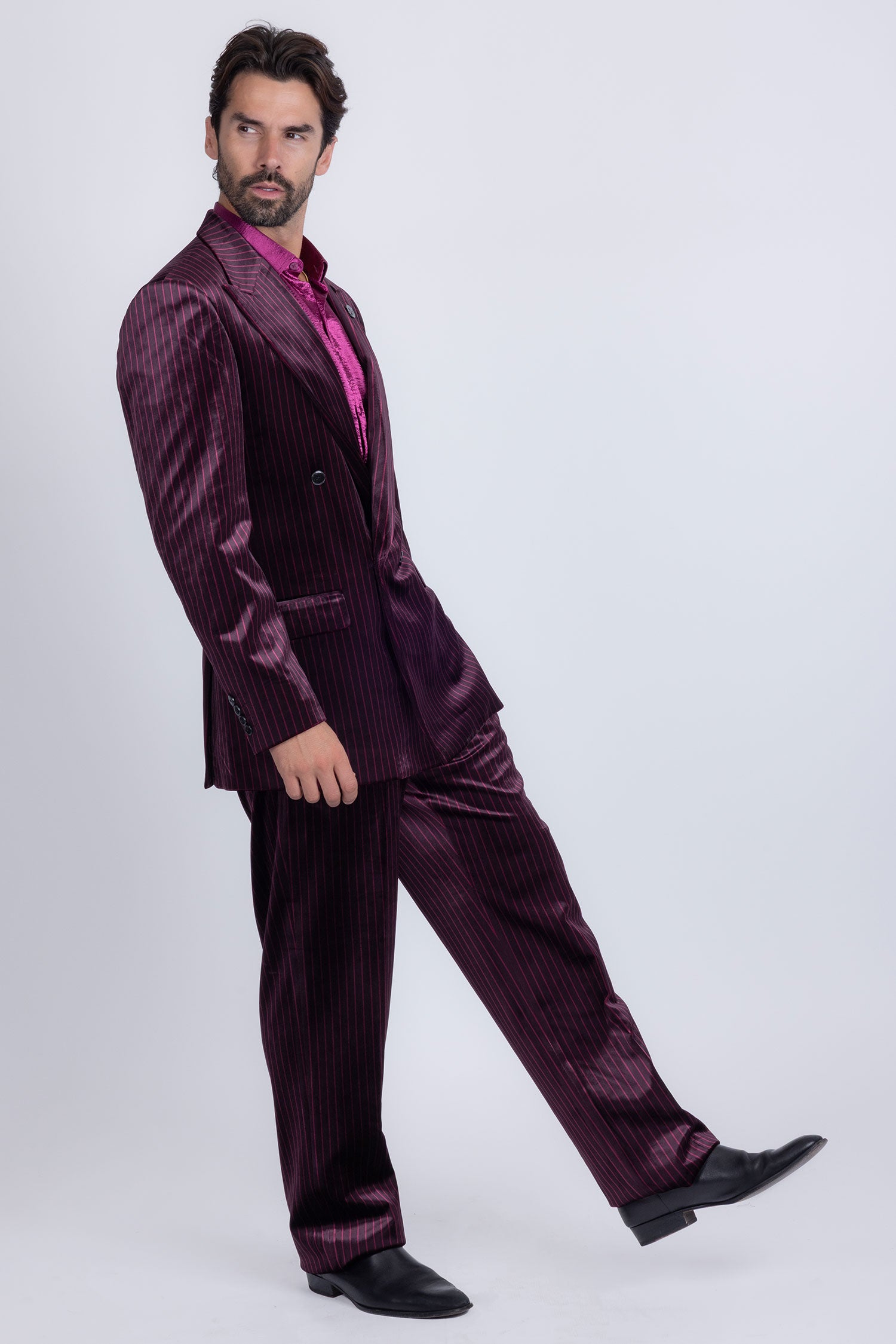 Barabas Men's Striped Double Breast Velvet Peak Lapel Suit 5SU52 wine