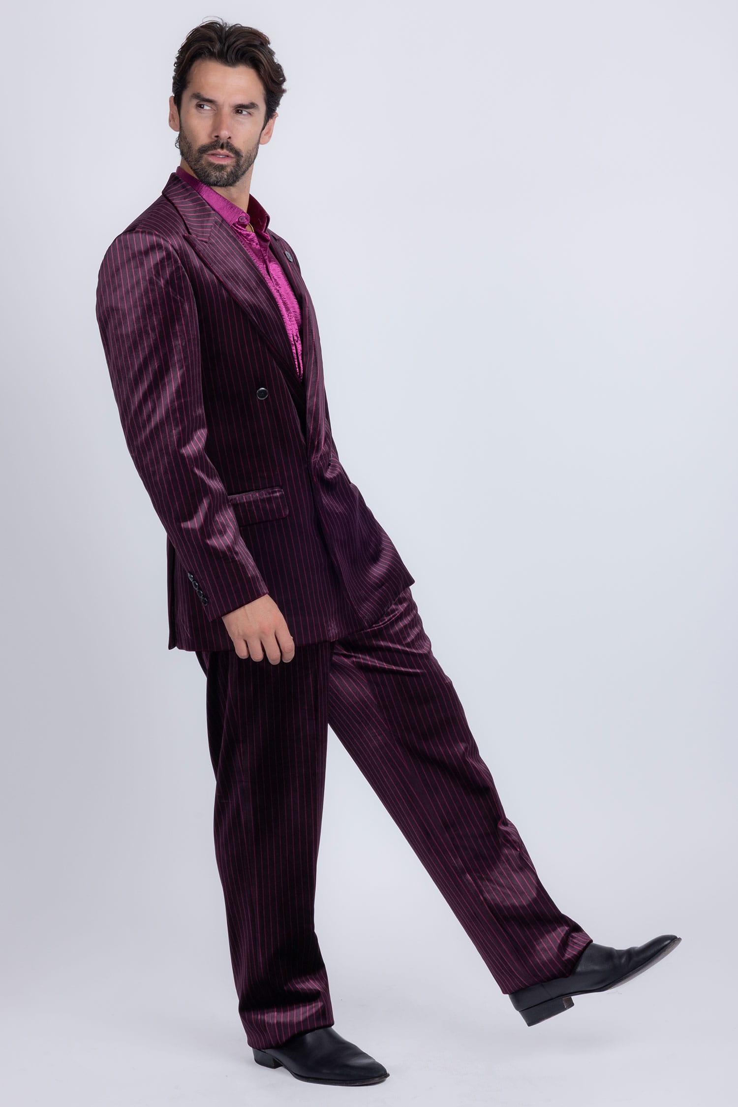 Barabas Men's Striped Double Breast Velvet Peak Lapel Suit 5SU52 wine
