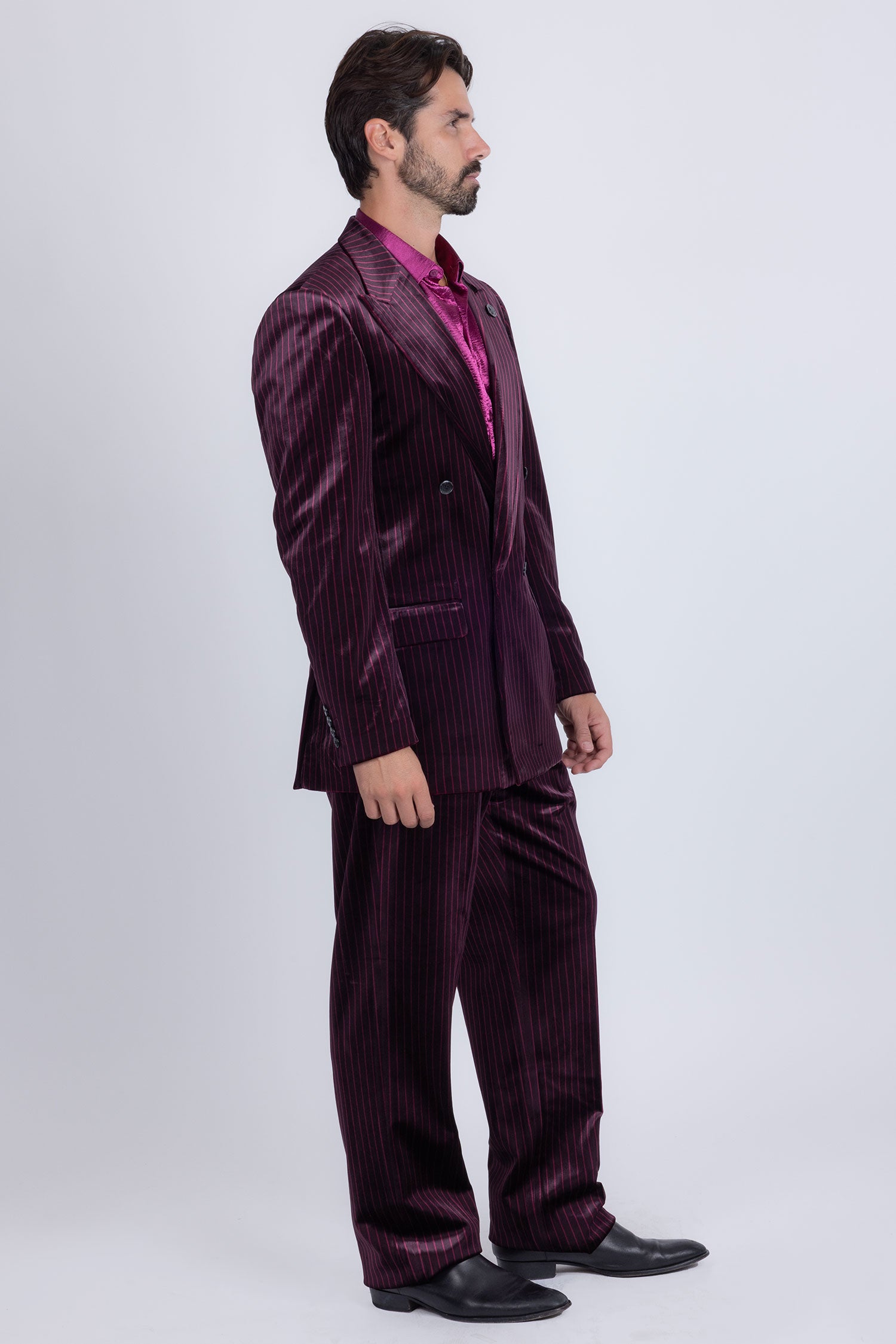 Barabas Men's Striped Double Breast Velvet Peak Lapel Suit 5SU52 wine