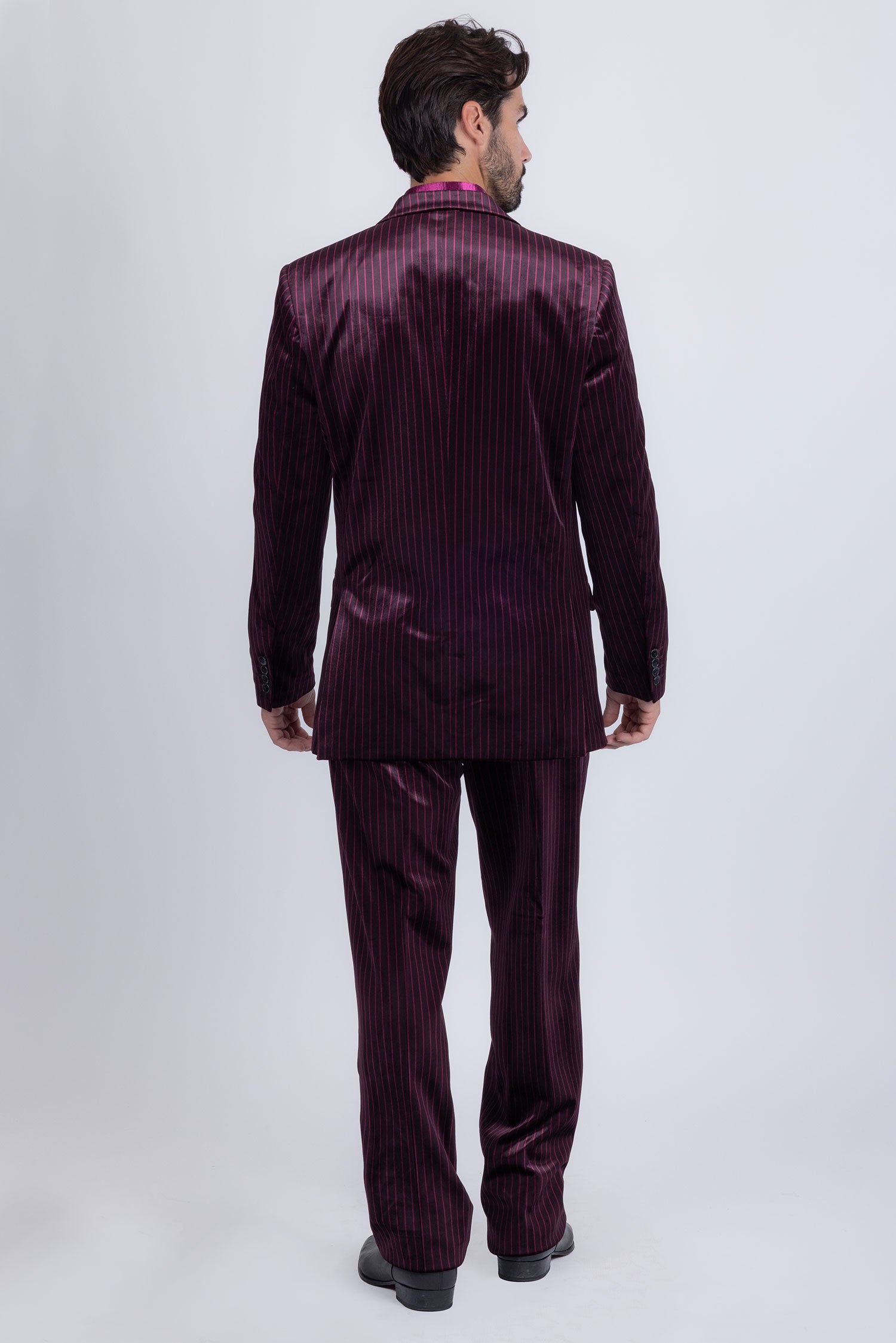 Barabas Men's Striped Double Breast Velvet Peak Lapel Suit 5SU52 wine