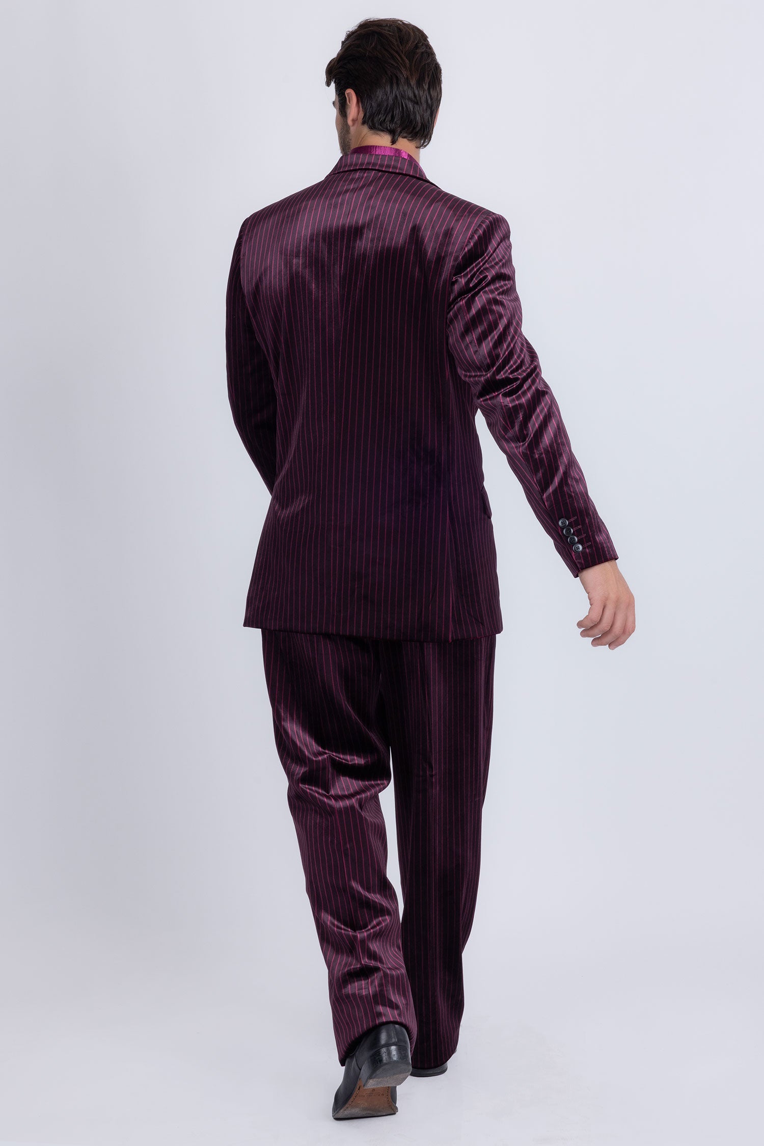 Barabas Men's Striped Double Breast Velvet Peak Lapel Suit 5SU52 wine