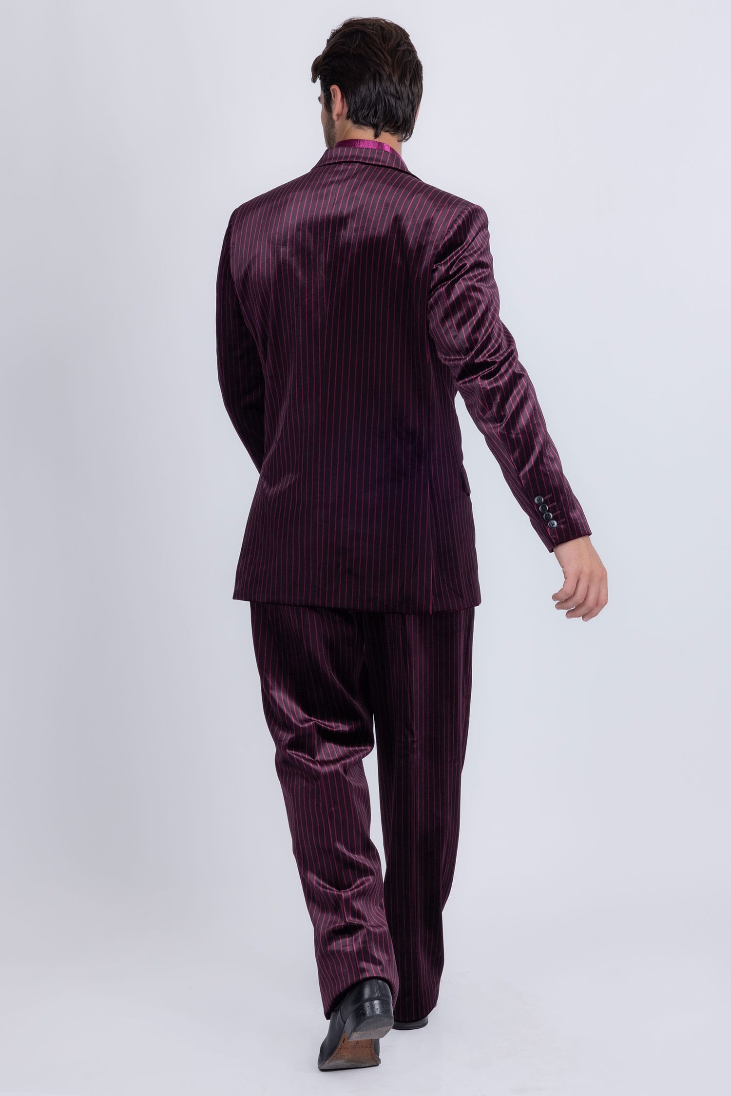 Barabas Men's Striped Double Breast Velvet Peak Lapel Suit 5SU52 wine