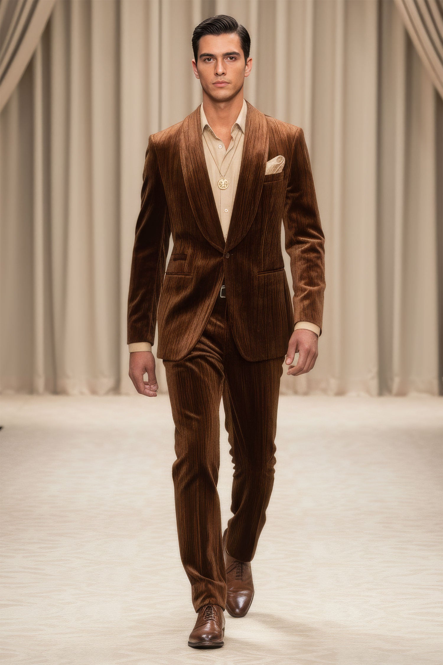 Barabas Men's Velvet Striped Pattern Shawl Lapel Suit 5SU53 Coffee