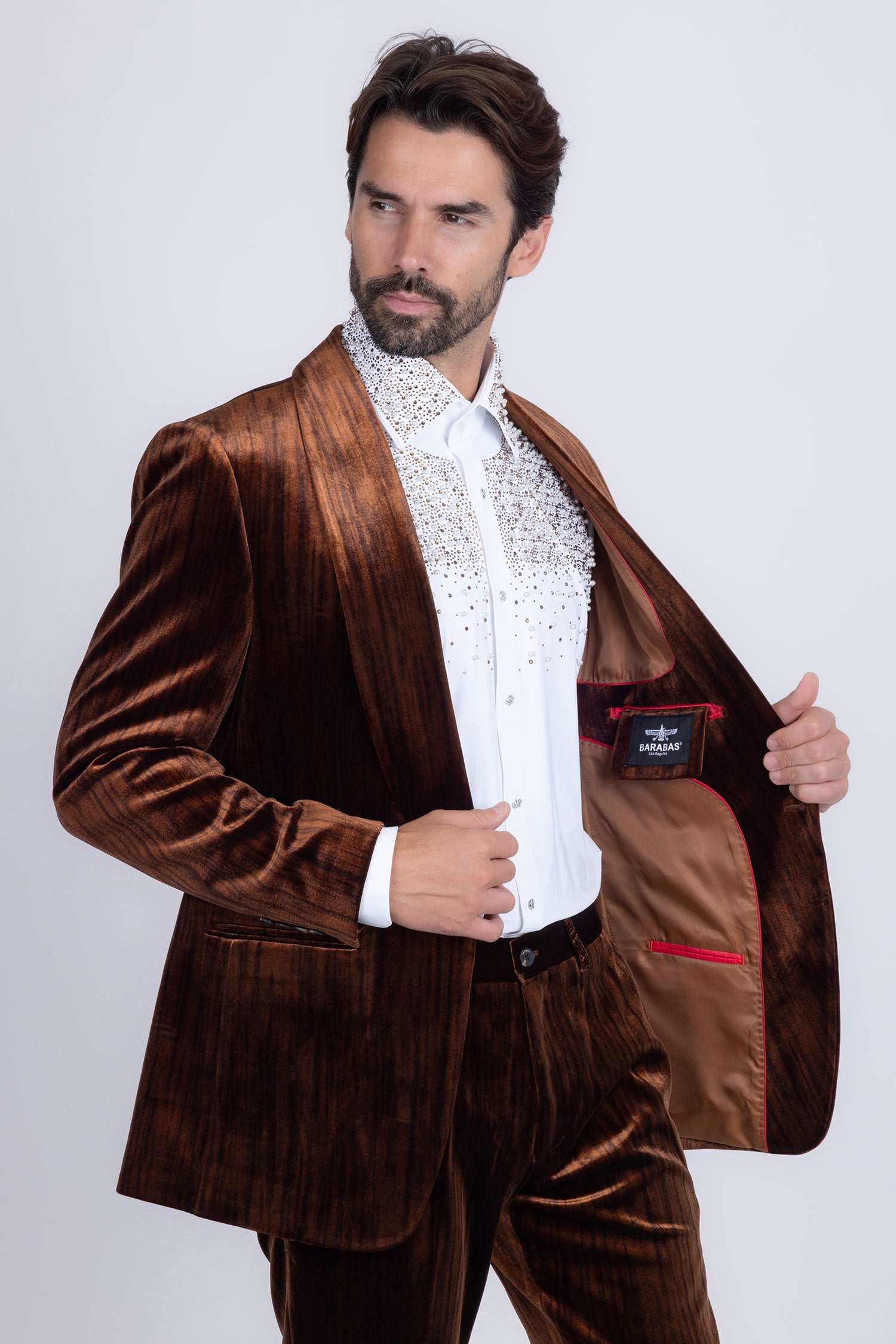 Barabas Men's Velvet Striped Pattern Shawl Lapel Suit 5SU53 Brown