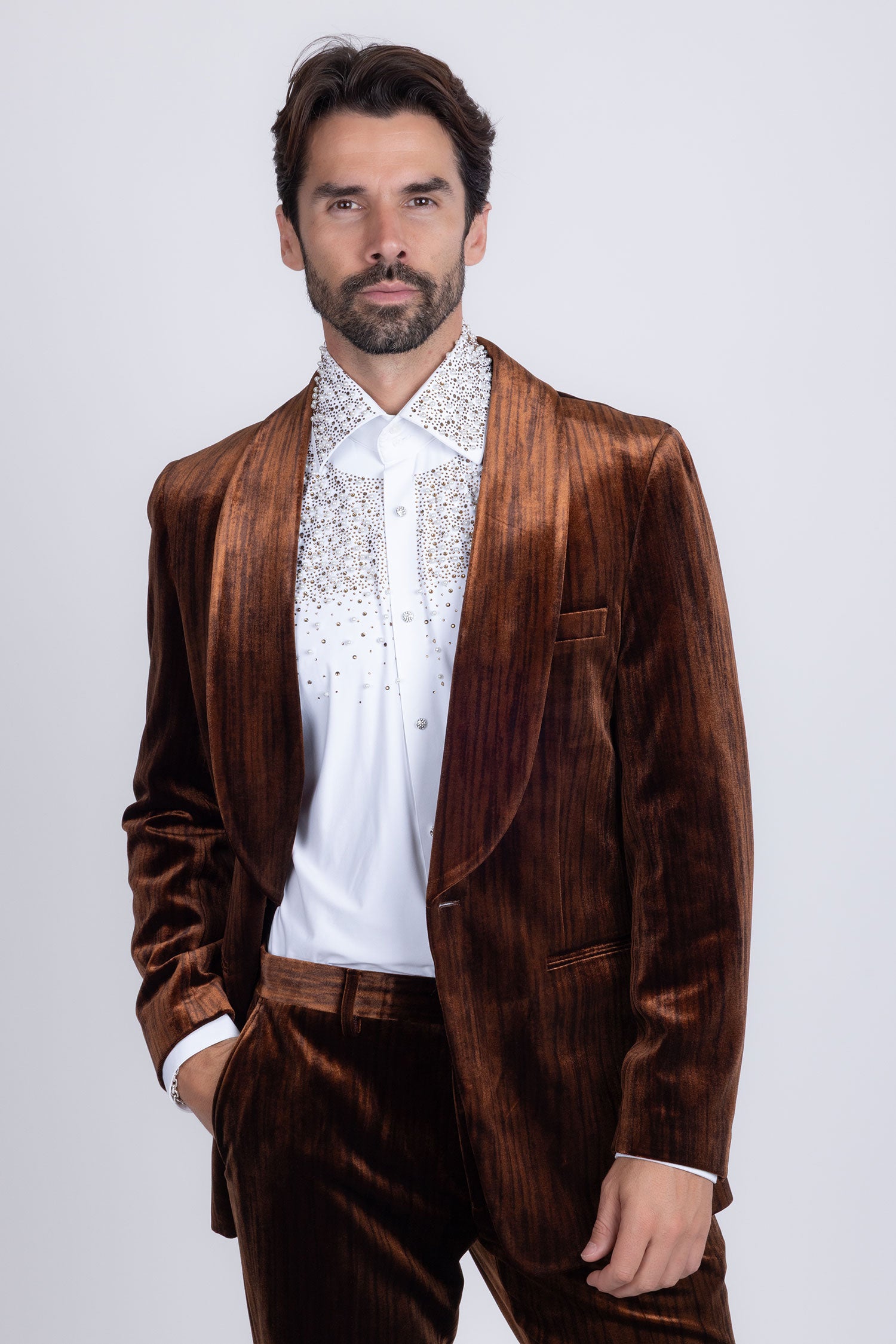 Barabas Men's Velvet Striped Pattern Shawl Lapel Suit 5SU53 Brown