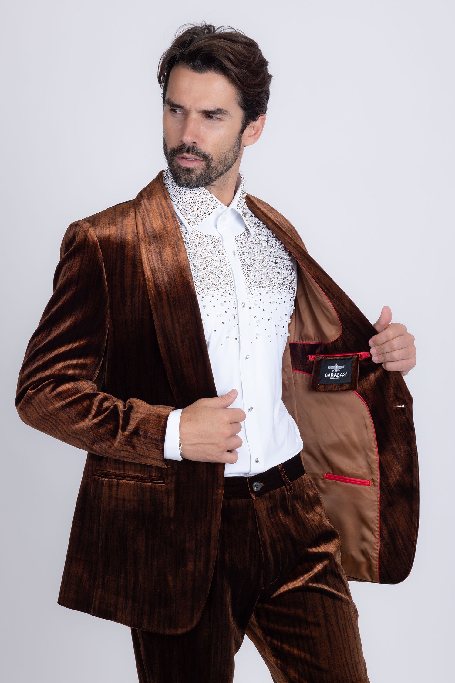 Barabas Men's Velvet Striped Pattern Shawl Lapel Suit 5SU53 Coffee