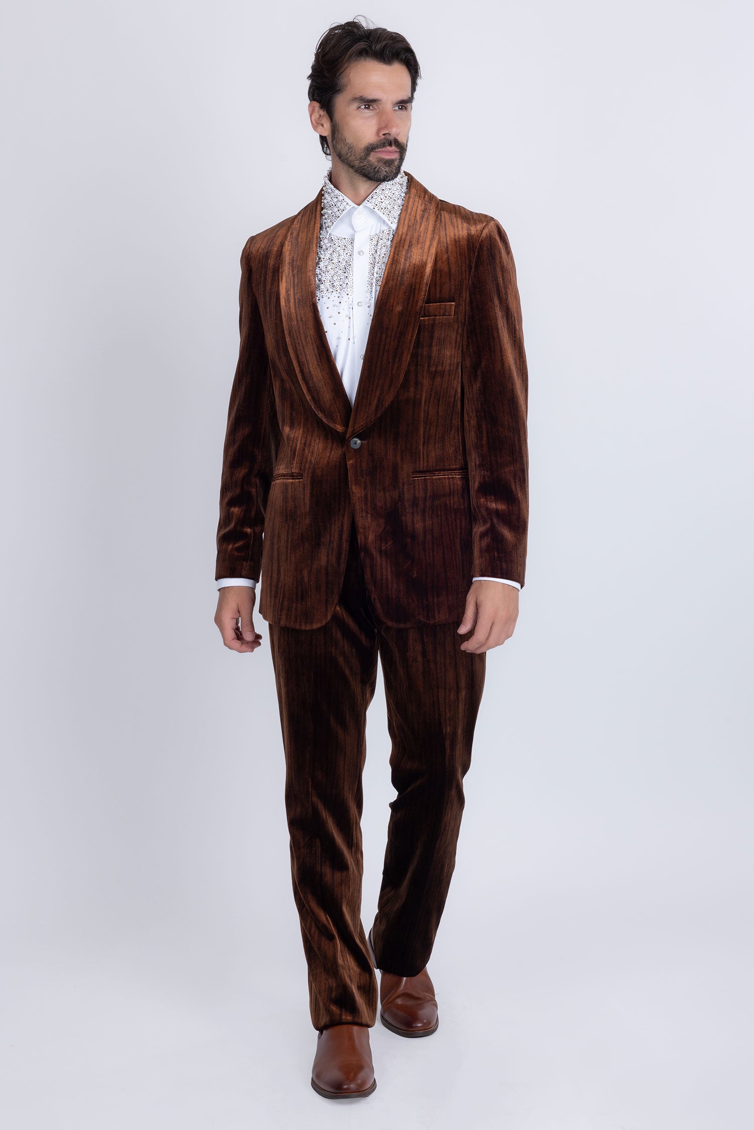 Barabas Men's Velvet Striped Pattern Shawl Lapel Suit 5SU53 Brown