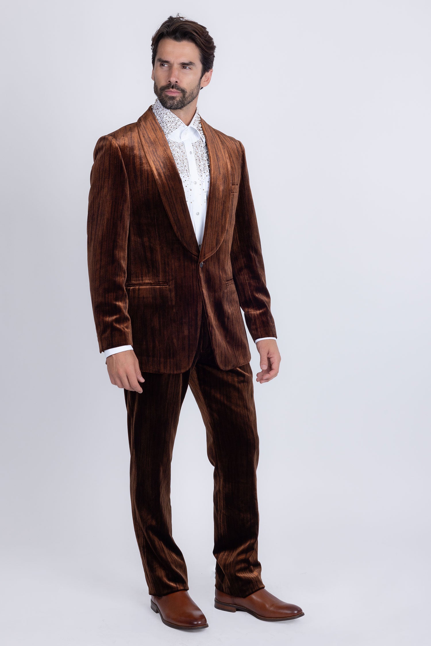 Barabas Men's Velvet Striped Pattern Shawl Lapel Suit 5SU53 Coffee