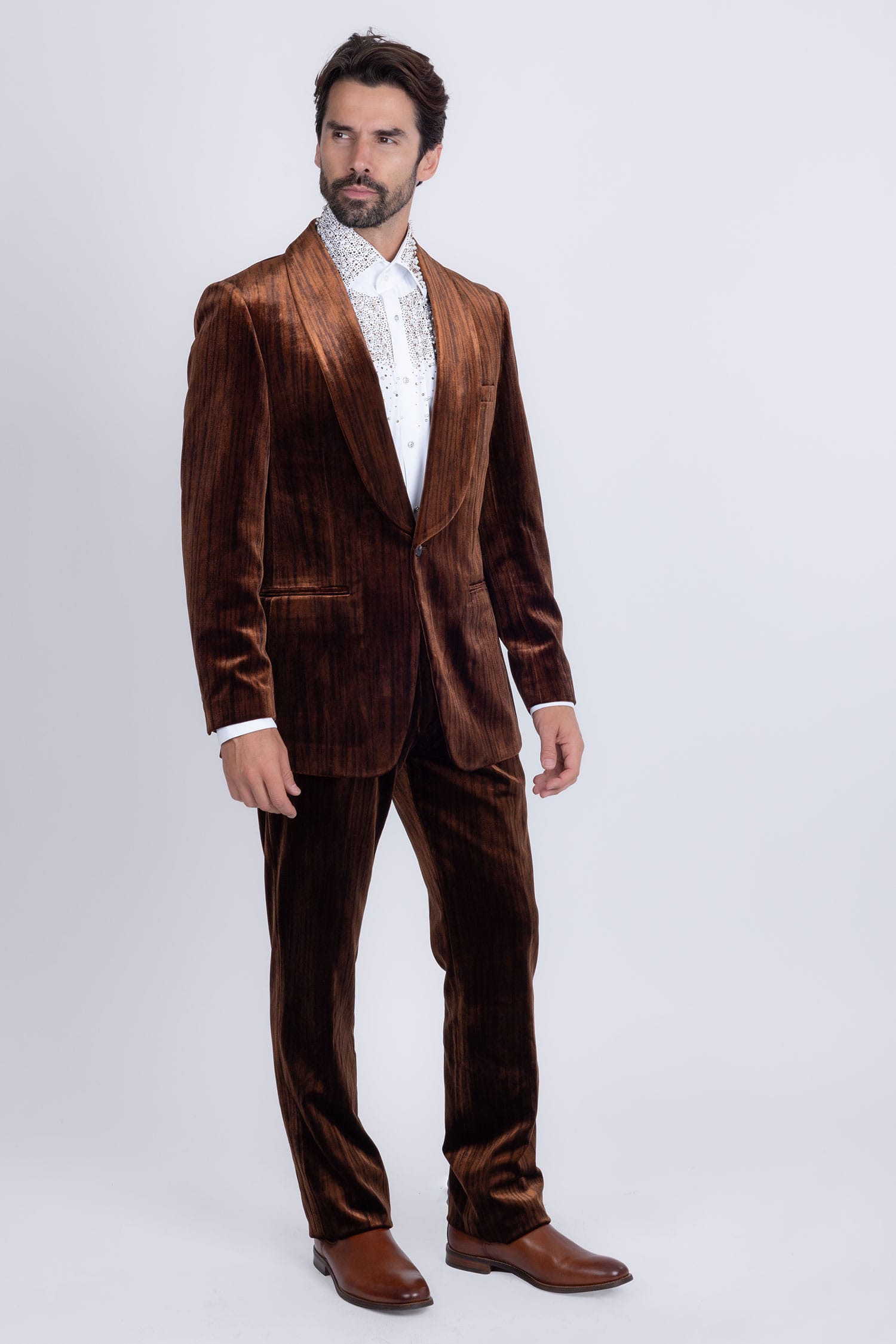 Barabas Men's Velvet Striped Pattern Shawl Lapel Suit 5SU53 Coffee