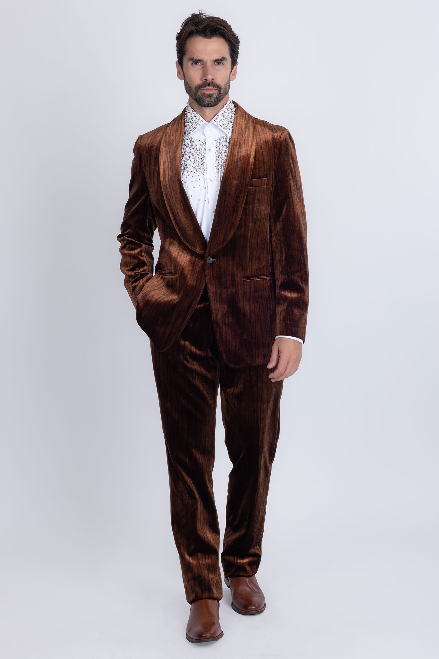 Barabas Men's Velvet Striped Pattern Shawl Lapel Suit 5SU53 Coffee