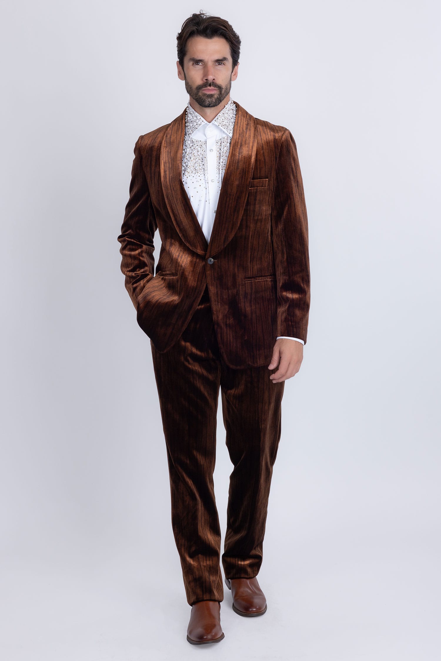 Barabas Men's Velvet Striped Pattern Shawl Lapel Suit 5SU53 Coffee