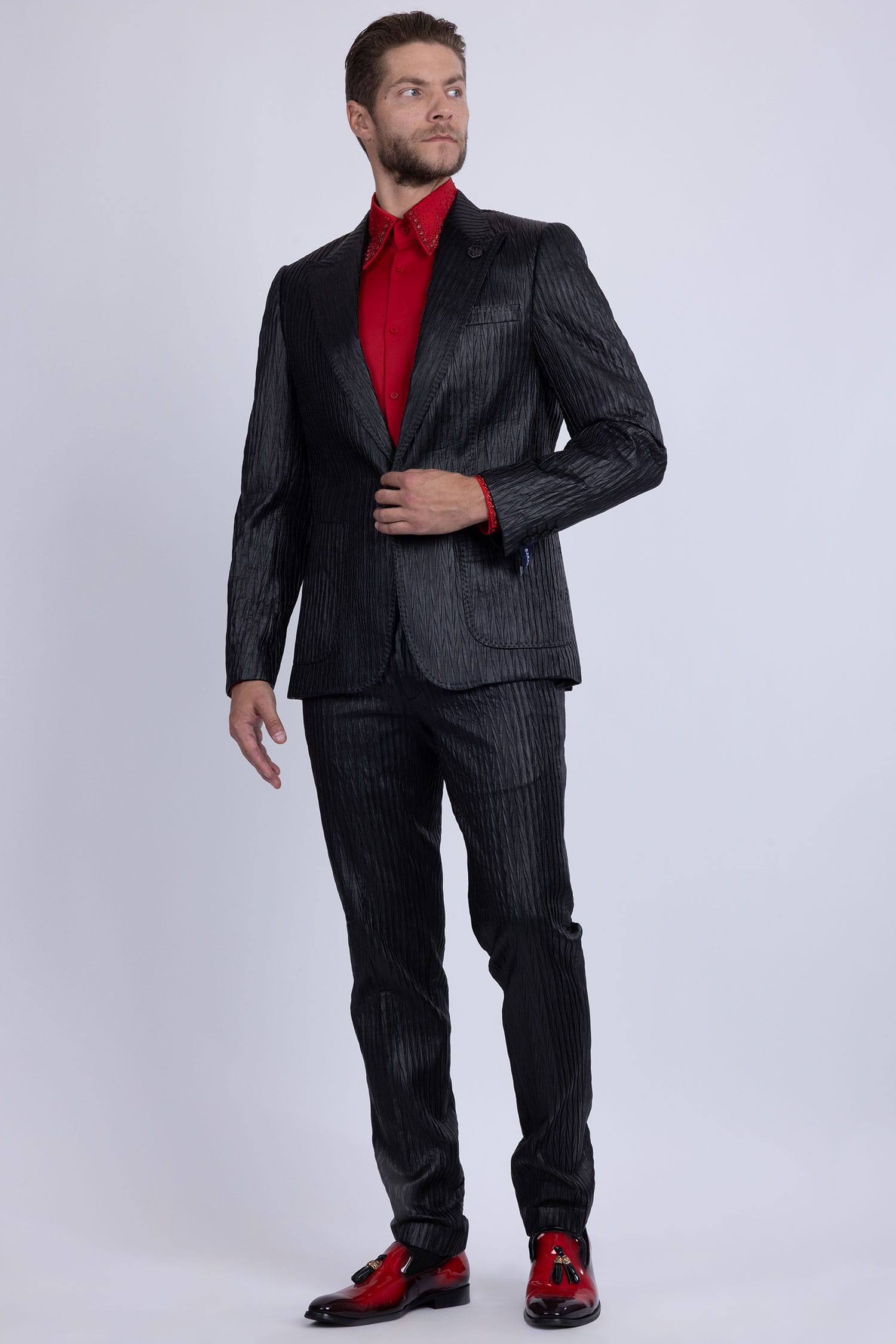 Barabas Men's Faux Leather Textured Pattern Peak Lapel Suit 5SU54 Black