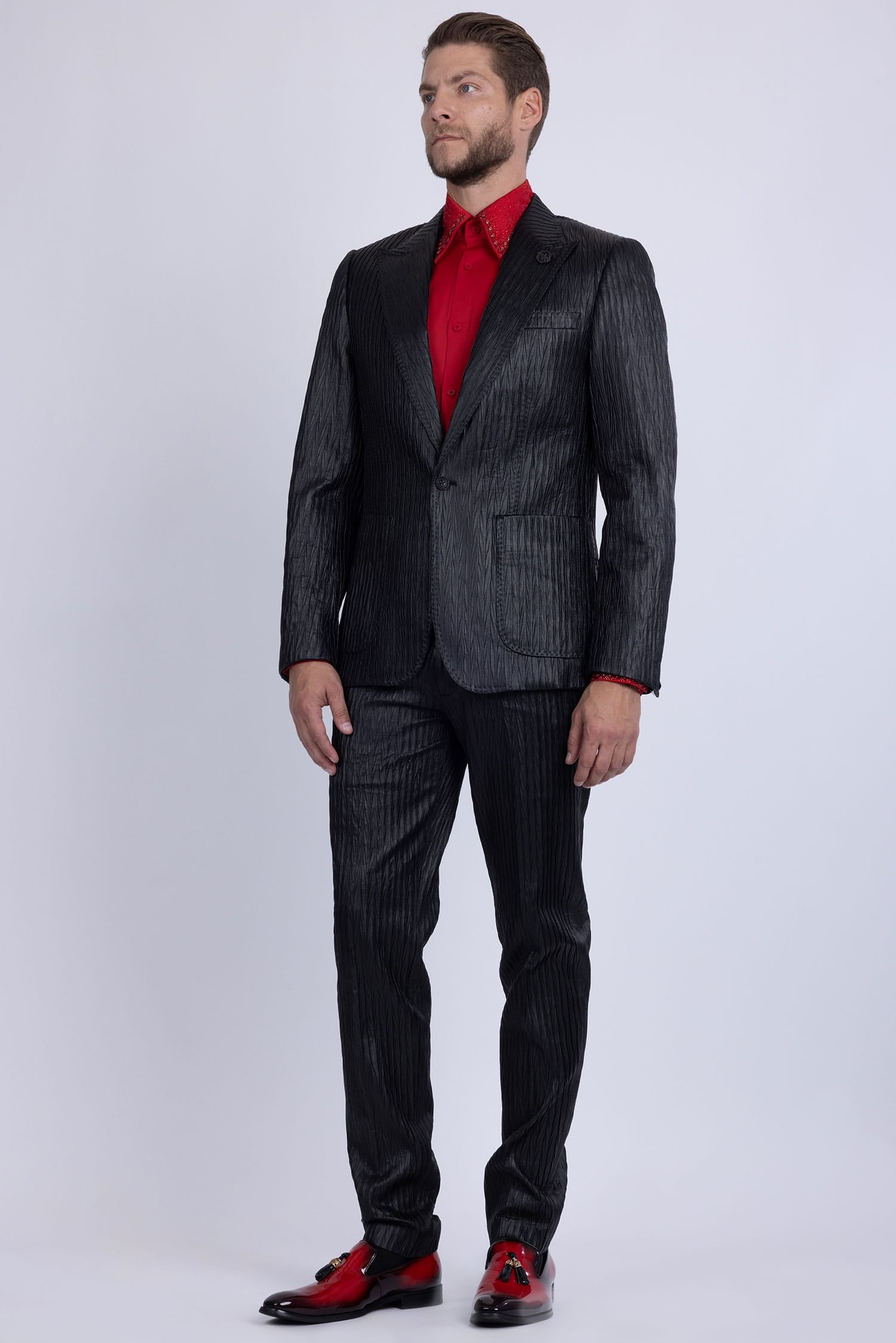 Barabas Men's Faux Leather Textured Pattern Peak Lapel Suit 5SU54 Black