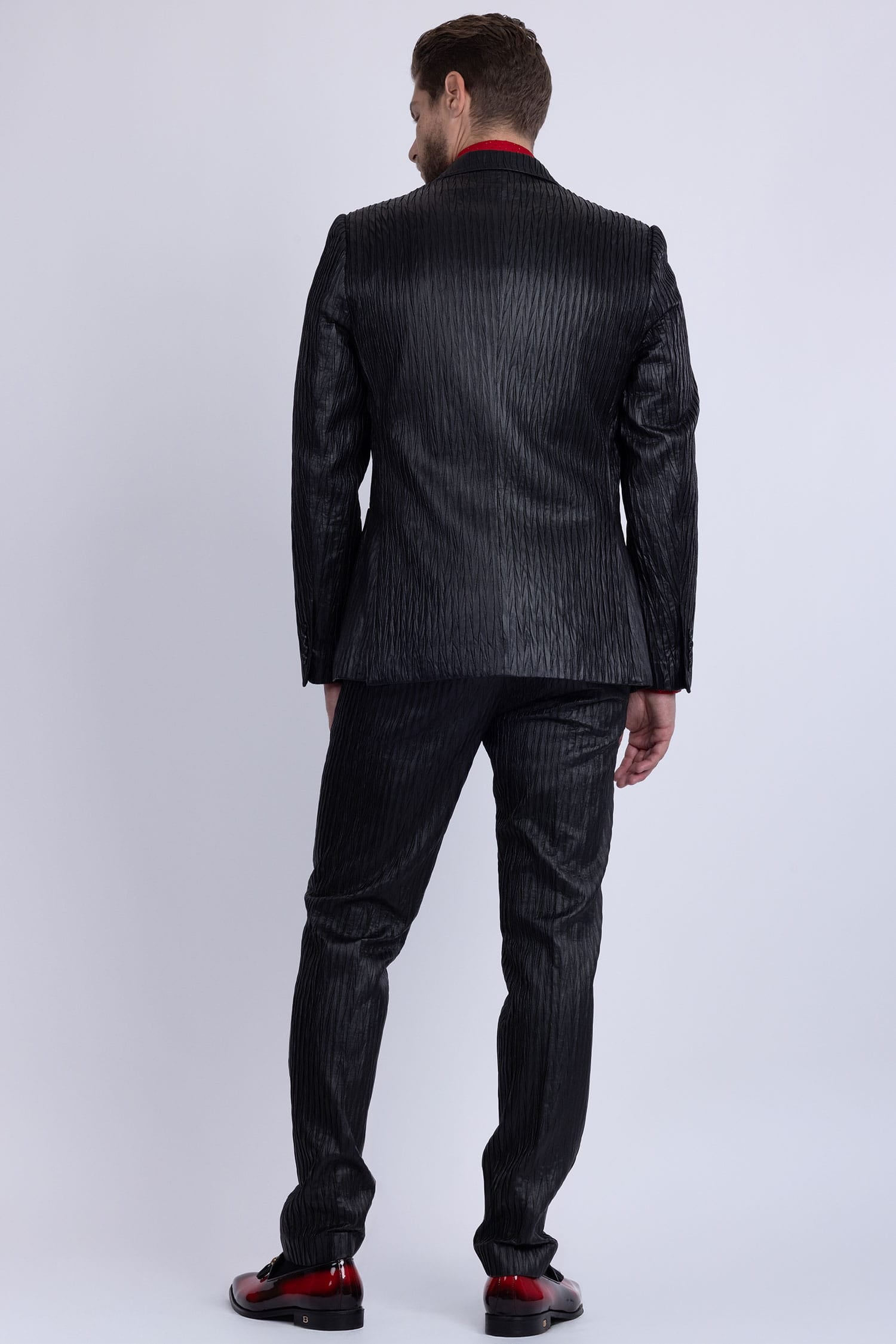 Barabas Men's Faux Leather Textured Pattern Peak Lapel Suit 5SU54 Black