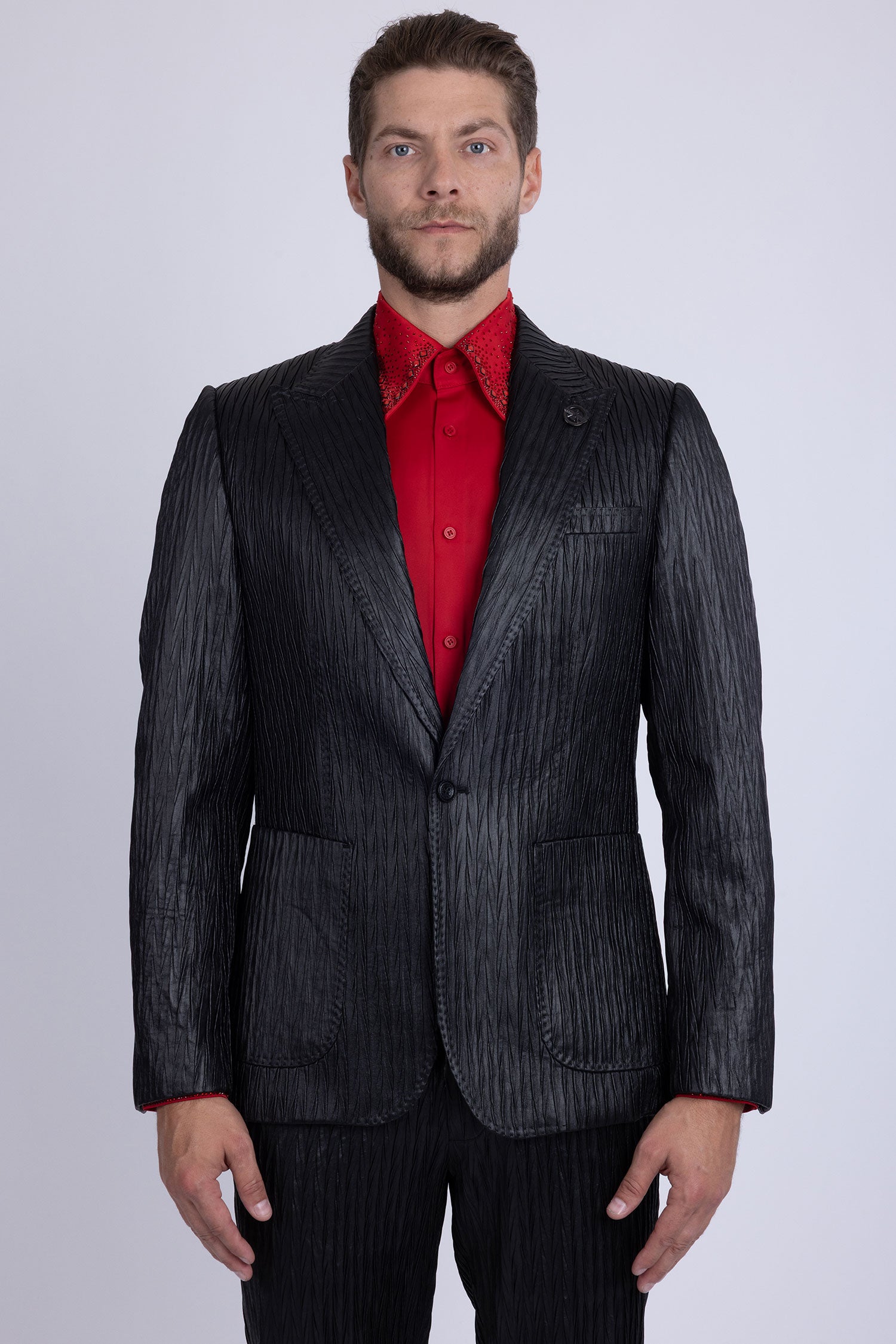 Barabas Men's Faux Leather Textured Pattern Peak Lapel Suit 5SU54 Black