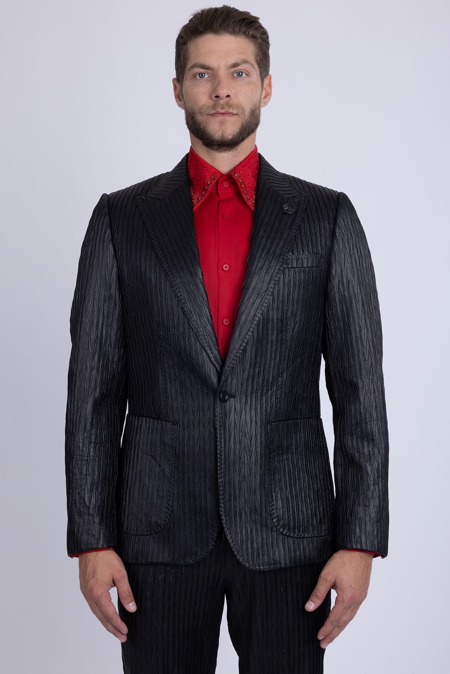 Barabas Men's Faux Leather Textured Pattern Peak Lapel Suit 5SU54 Black