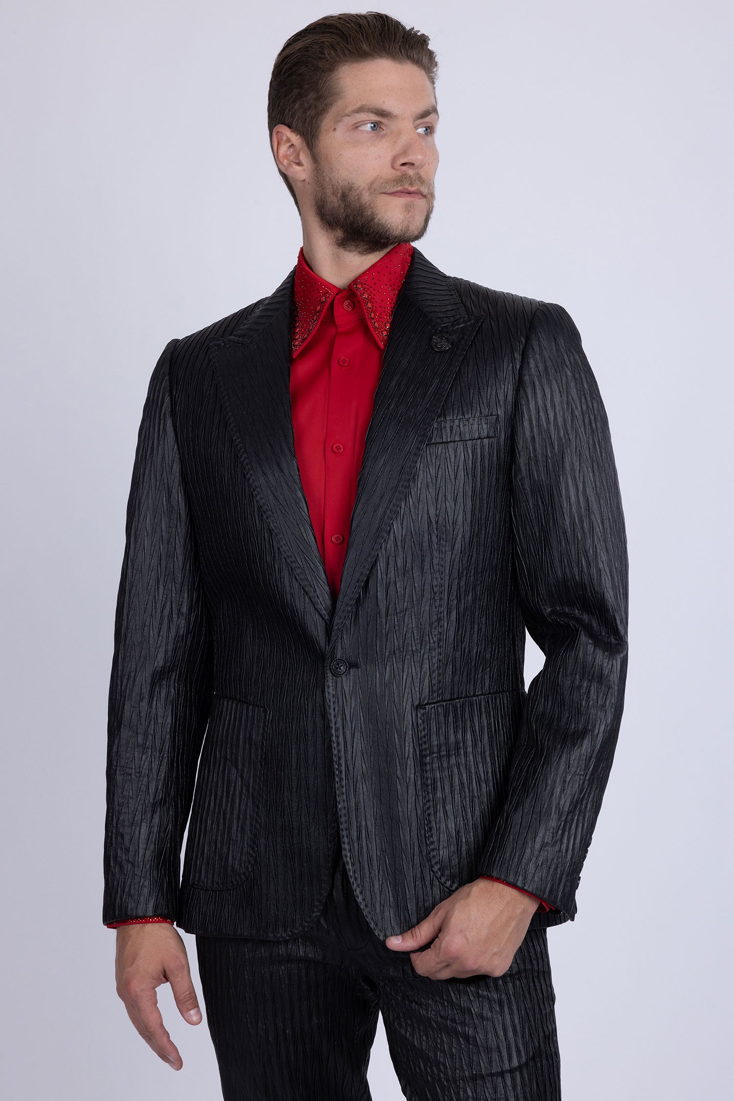 Barabas Men's Faux Leather Textured Pattern Peak Lapel Suit 5SU54 Black