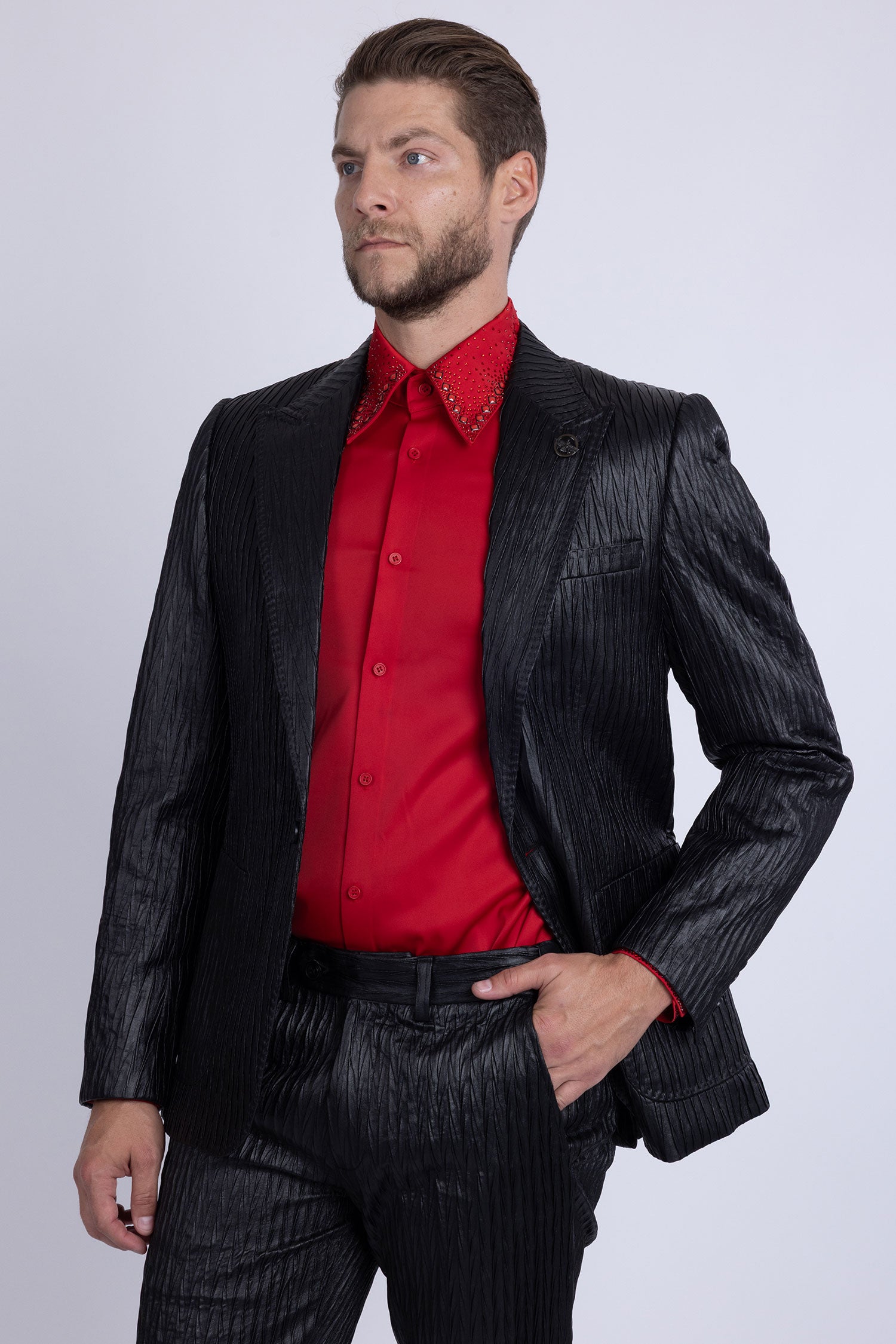 Barabas Men's Faux Leather Textured Pattern Peak Lapel Suit 5SU54 Black