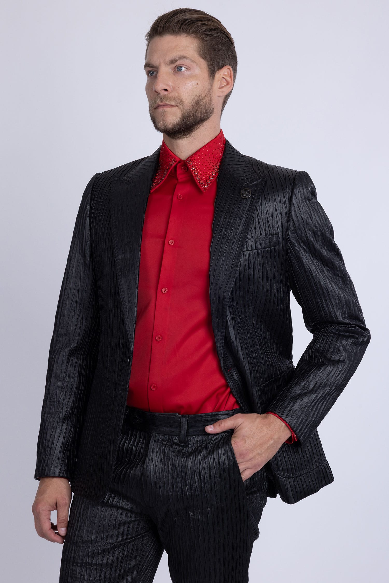 Barabas Men's Faux Leather Textured Pattern Peak Lapel Suit 5SU54 Black