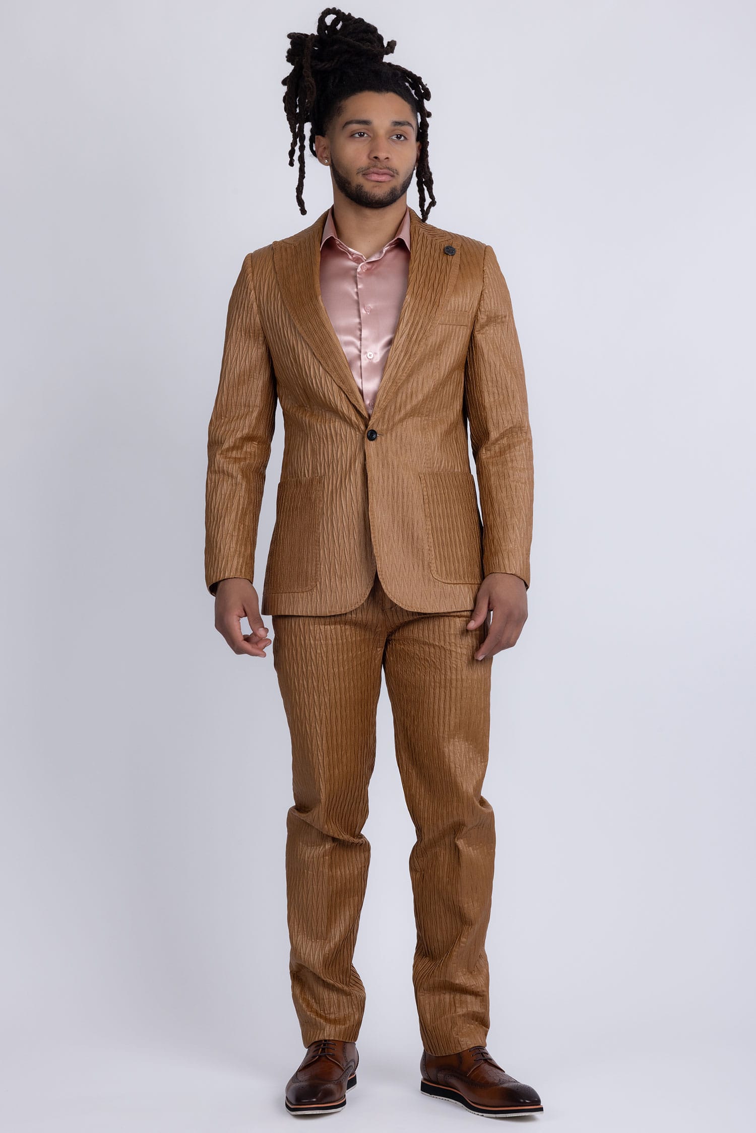Barabas Men's Faux Leather Textured Pattern Peak Lapel Suit 5SU54 Cognac