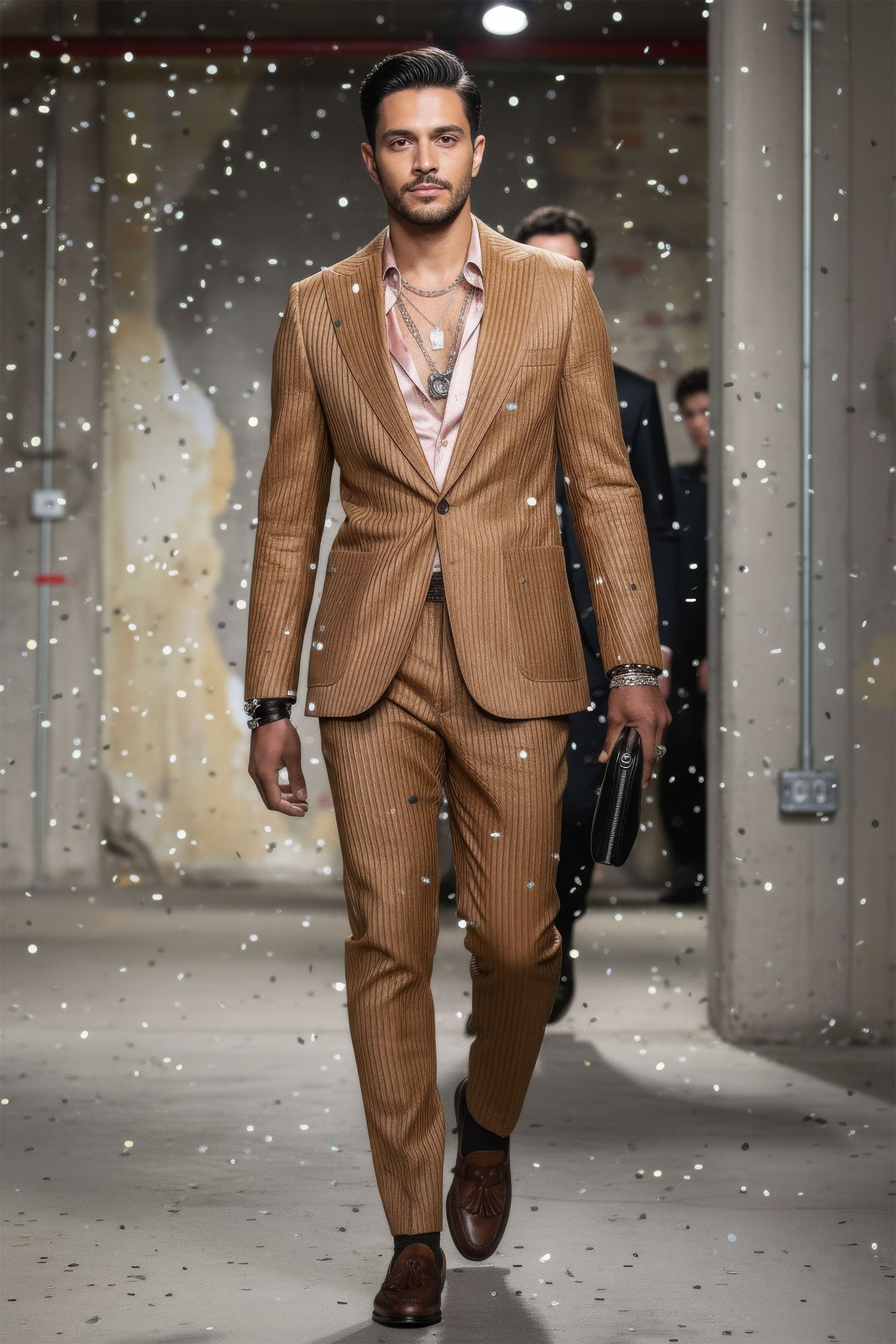 Barabas Men's Faux Leather Textured Pattern Peak Lapel Suit 5SU54 Cognac