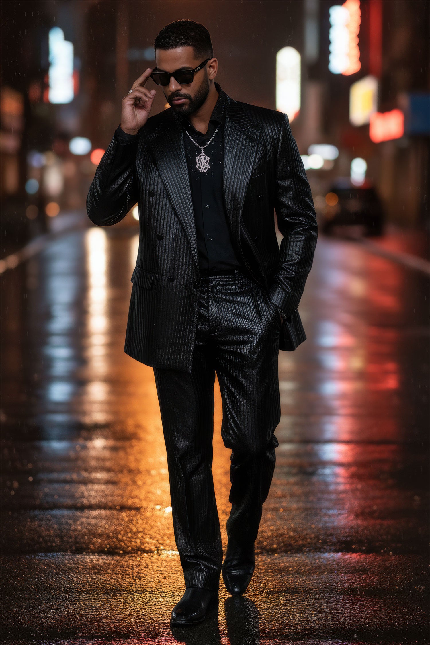 Barabas Men's Faux Leather Striped Pattern Peak Lapel Suit 5SU55 Black