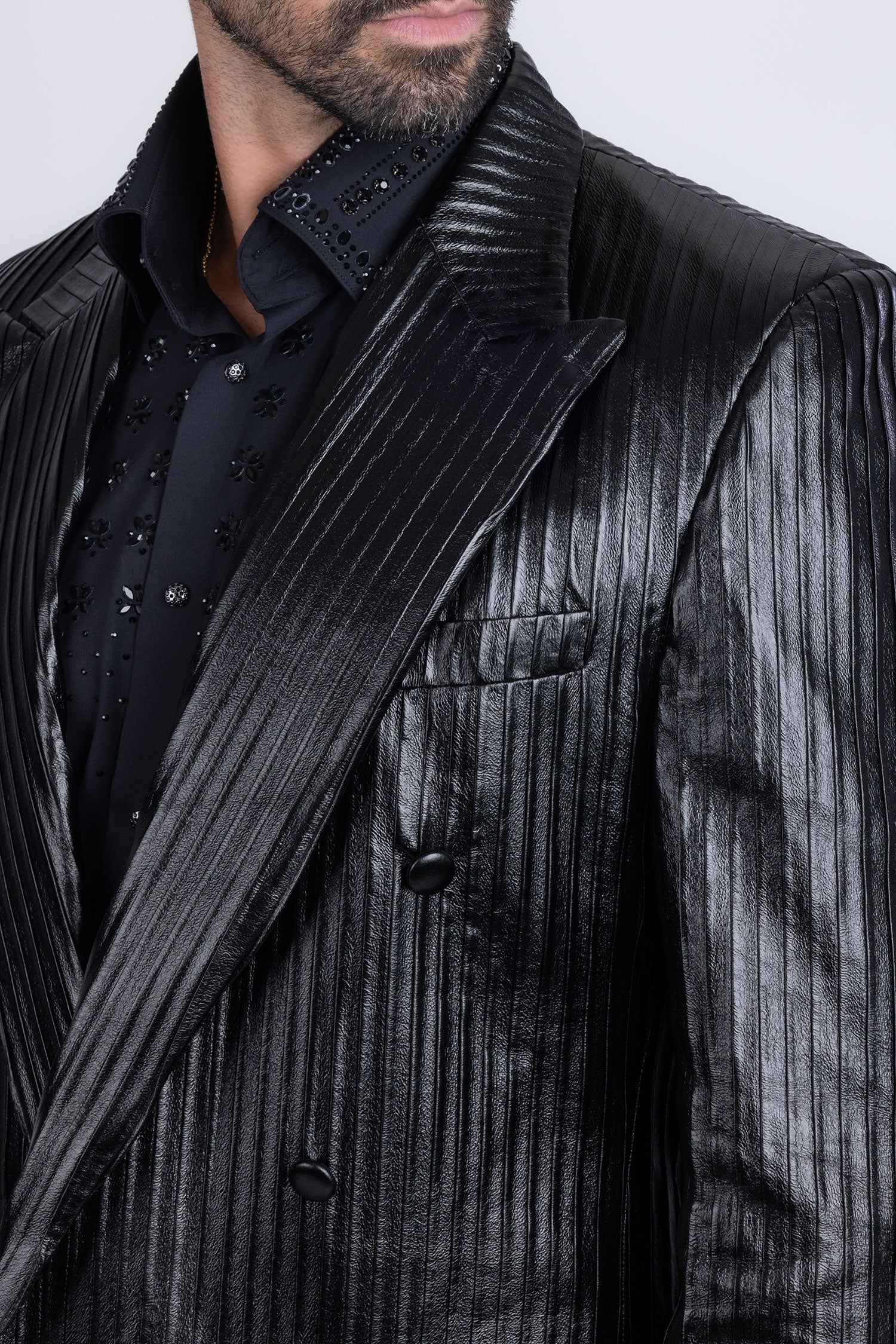 Barabas Men's Faux Leather Striped Pattern Peak Lapel Suit 5SU55 Black