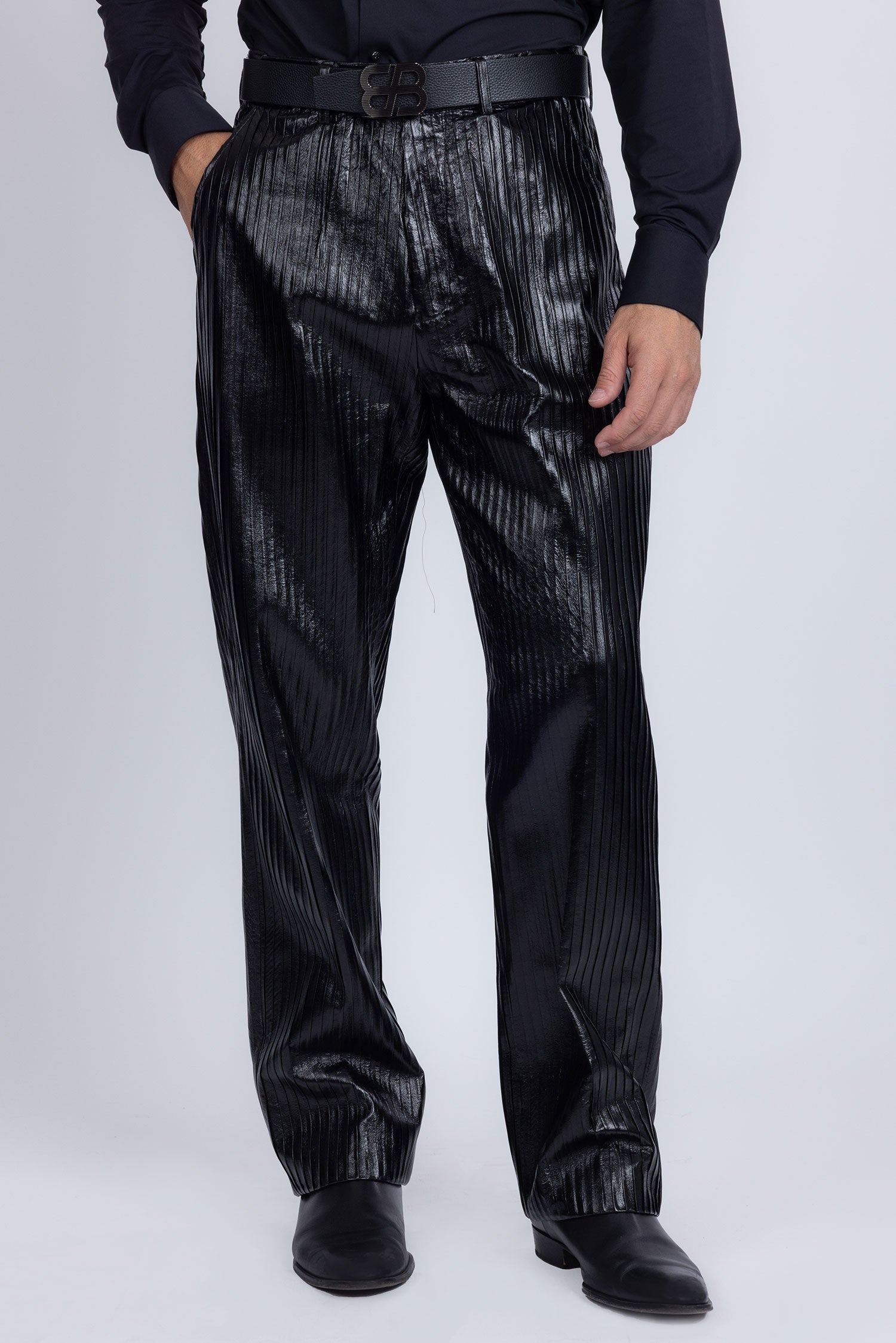 Barabas Men's Faux Leather Striped Pattern Peak Lapel Suit 5SU55 Black