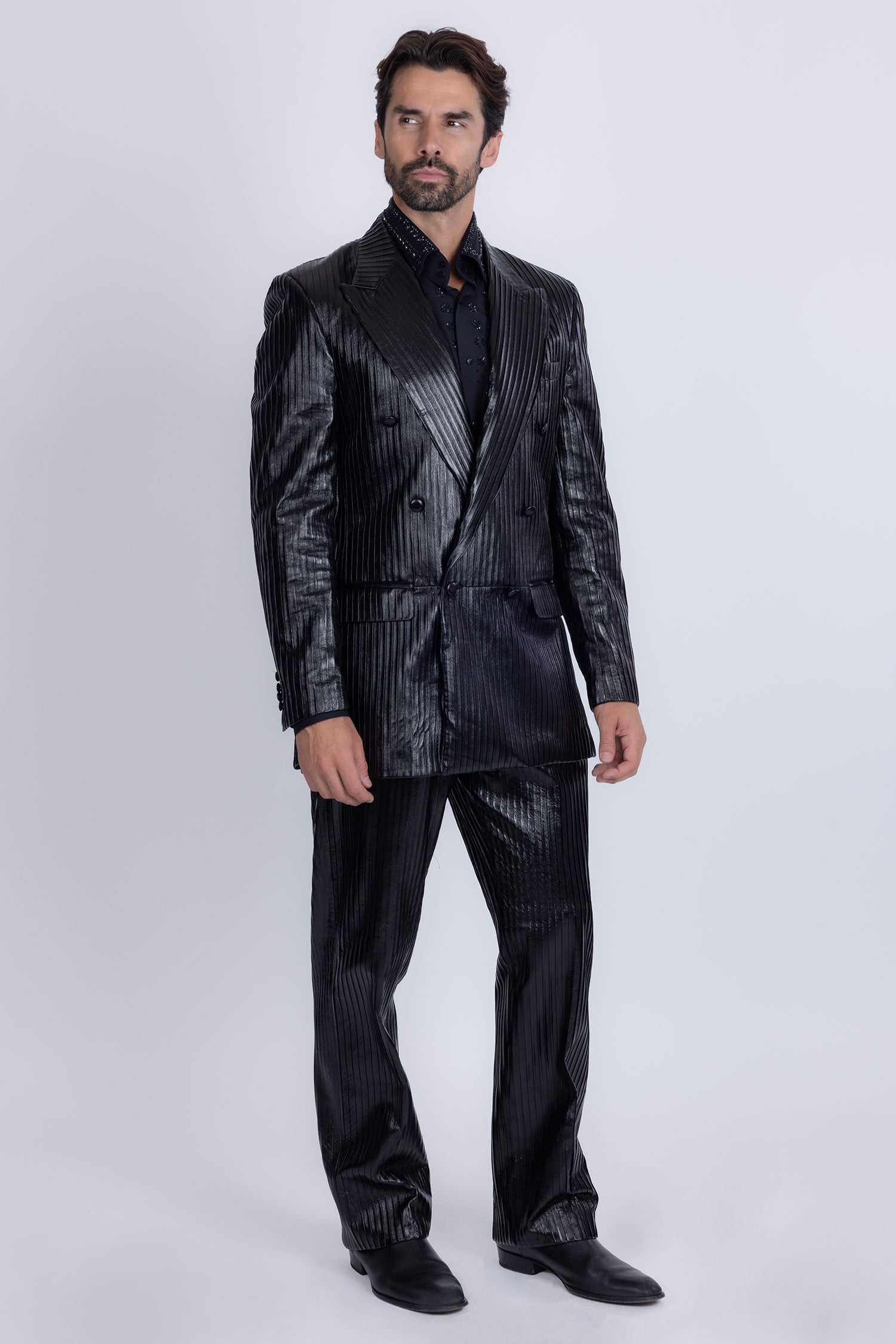 Barabas Men's Faux Leather Striped Pattern Peak Lapel Suit 5SU55 Black