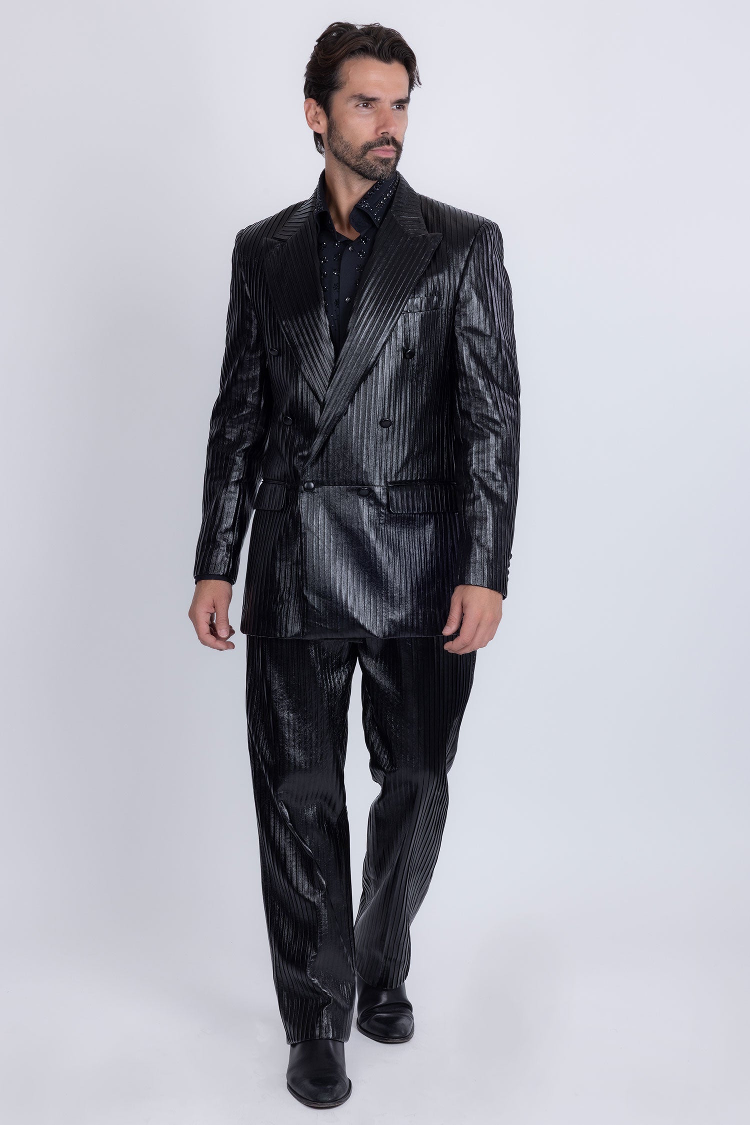 Barabas Men's Faux Leather Striped Pattern Peak Lapel Suit 5SU55 Black